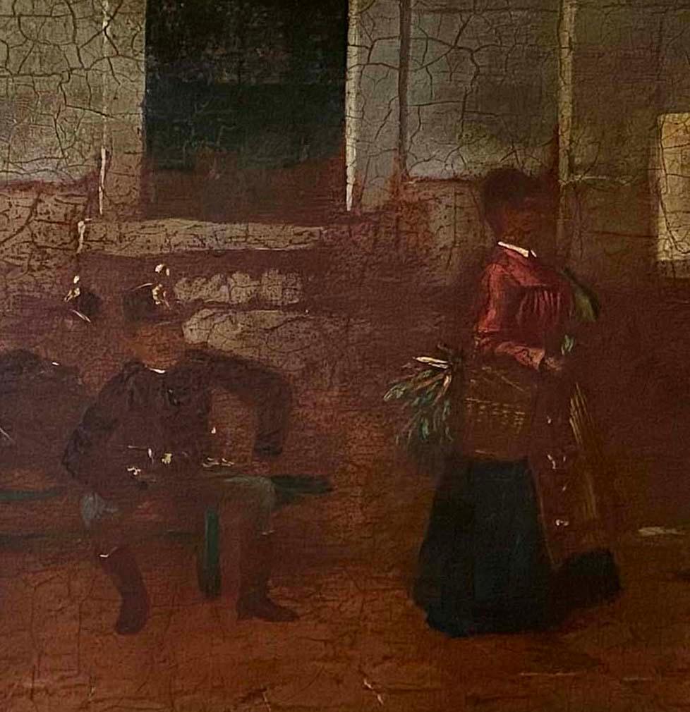 Peinture à l'huile ancienne représentant des soldats et une femme dans la rue. Huile sur planche. Encadré.