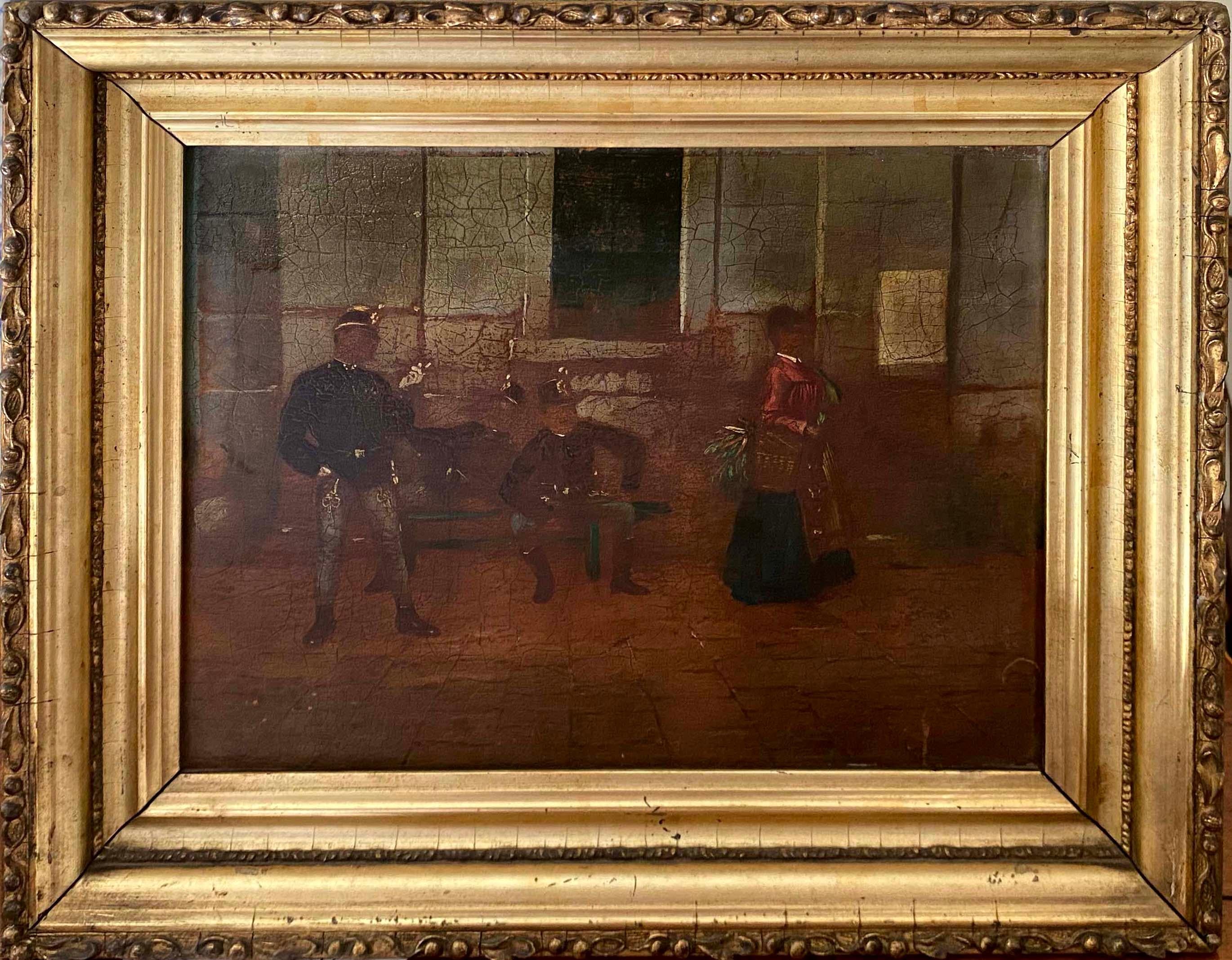 Figurative Painting Unknown - Peinture à l'huile ancienne représentant des soldats et une femme sur la rue