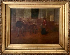 Peinture à l'huile ancienne représentant des soldats et une femme sur la rue