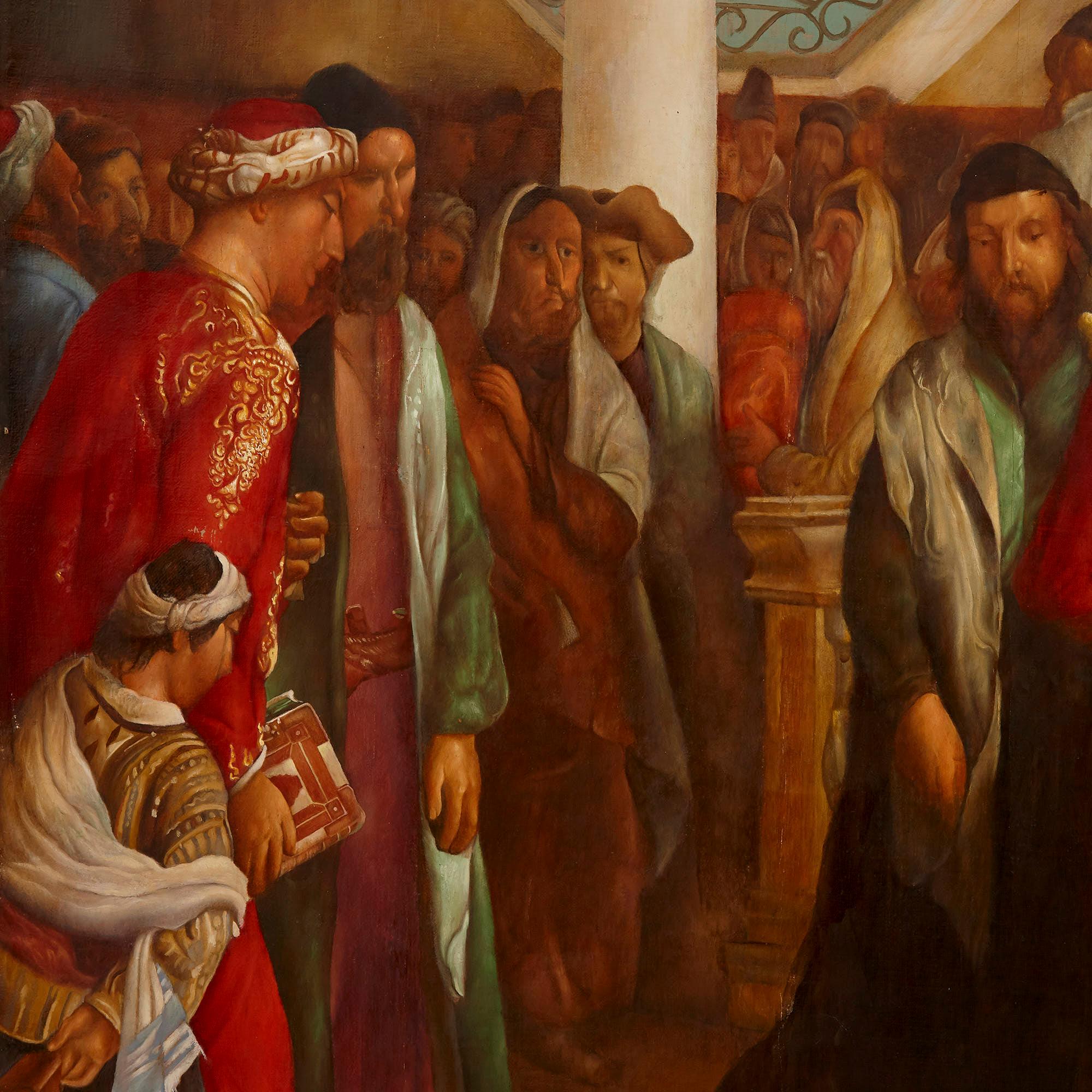 Dieses große und beeindruckende Gemälde in Öl auf Leinwand stellt die Prozession der Tora dar, ein Ereignis, das während des jüdischen Festes Simchat Tora stattfindet. Schauplatz ist eine Synagoge in Livorno, Italien; die Szene ist schwach