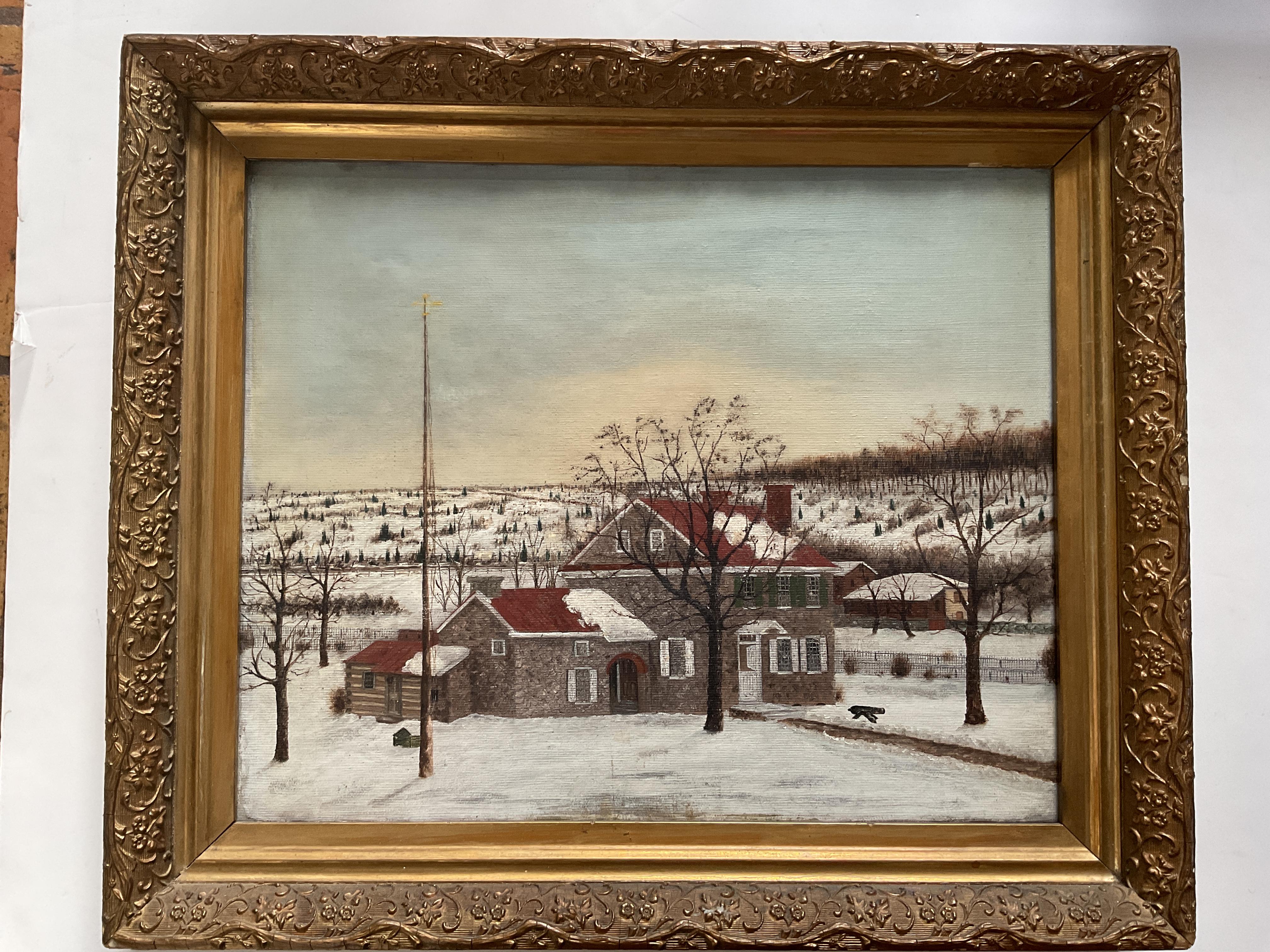 Unknown Landscape Painting – Antikes Ölgemälde von Washingtons Hauptquartier, Valley Forge, Pa ca. 1890er Jahre