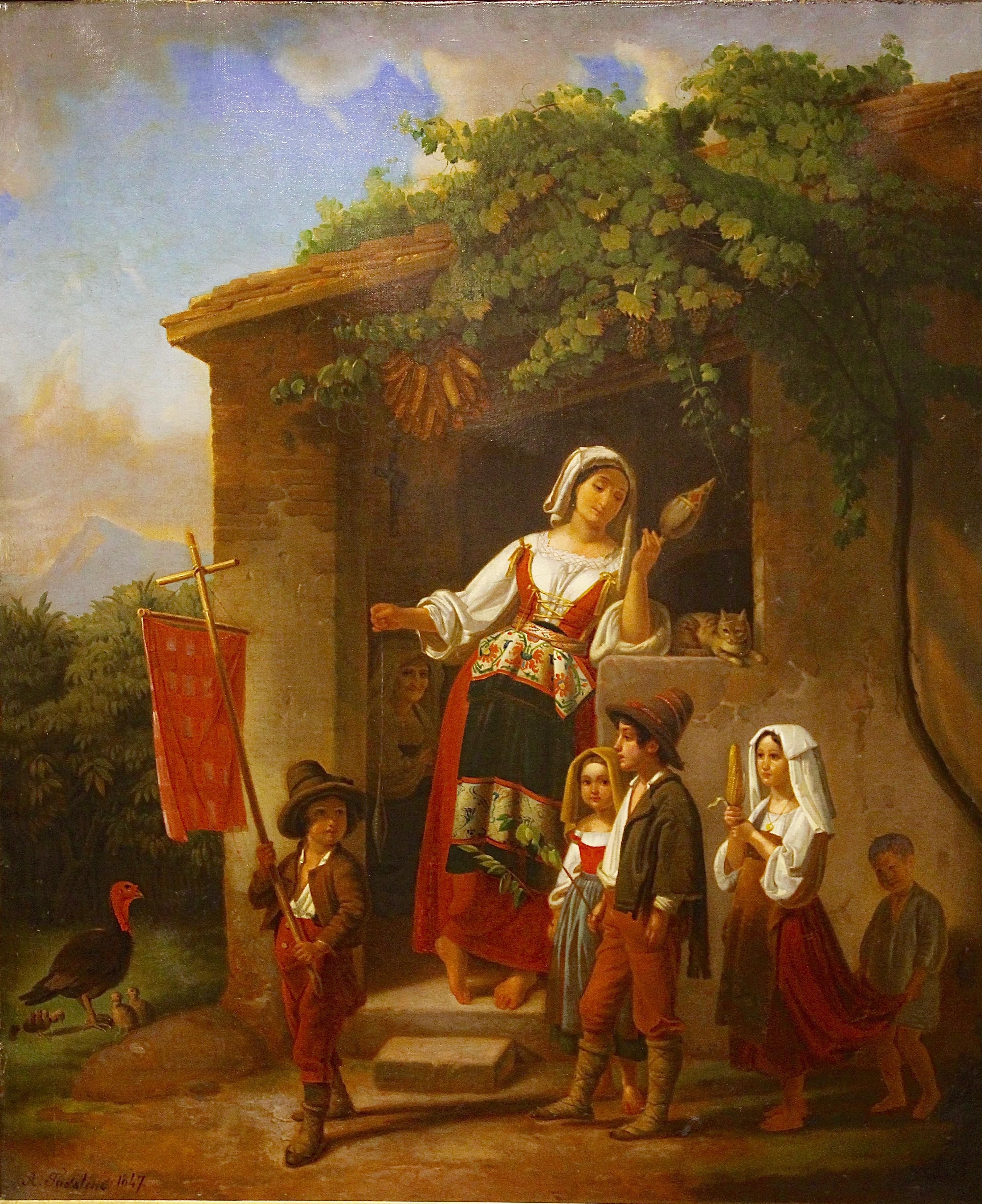 Unknown Figurative Painting - Antique oil painting. Oil on canvas. 19th century. "The ceremony". Dated, 1847.