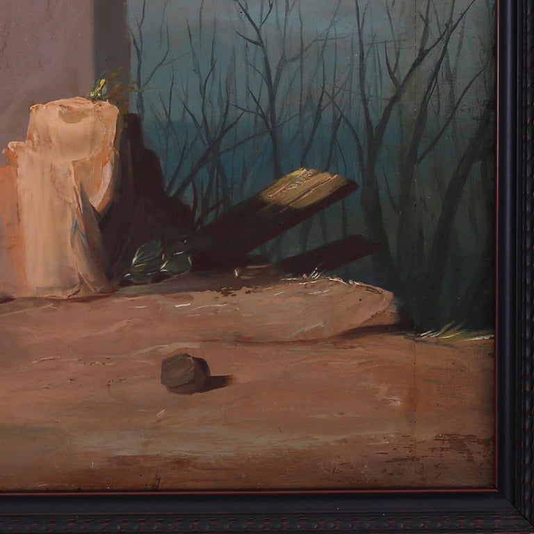 Antique oil painting on board of a white dog caught in a moment of speculation in an outdoor scene. Signed William Melbon and presented in a newer ebonized wood frame.
