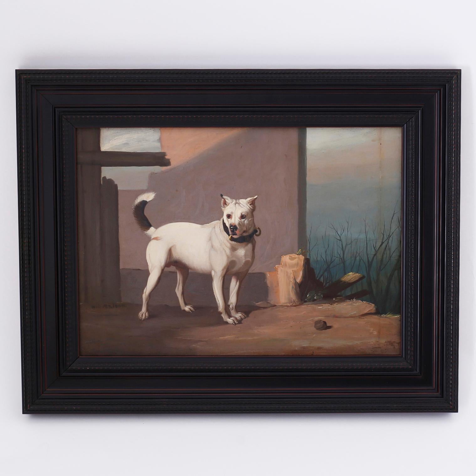 Animal Painting Unknown - Peinture à l'huile ancienne sur panneau représentant un chien