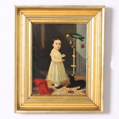 Peinture à l'huile ancienne sur panneau d'une fille avec un chien et un perroquet