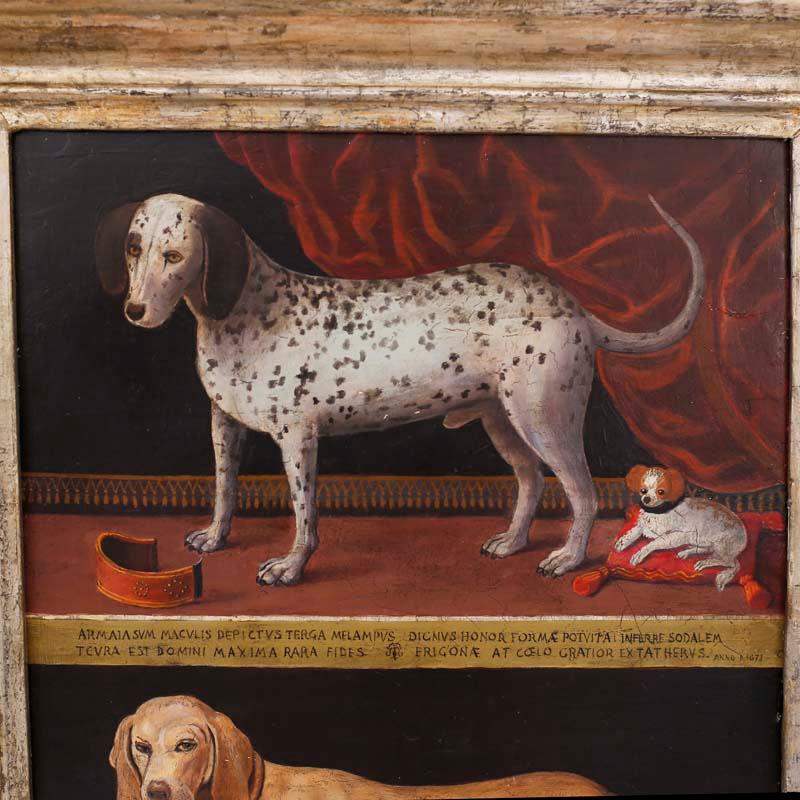 Antico dipinto a olio su tavola di cani - Painting di Unknown