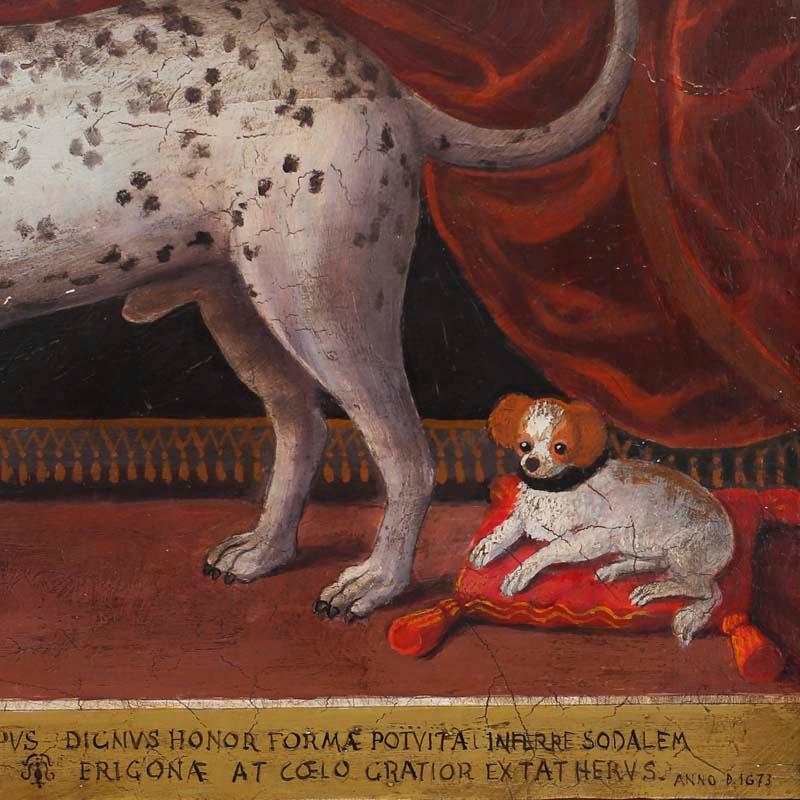 Antico dipinto a olio su tavola di cani 1