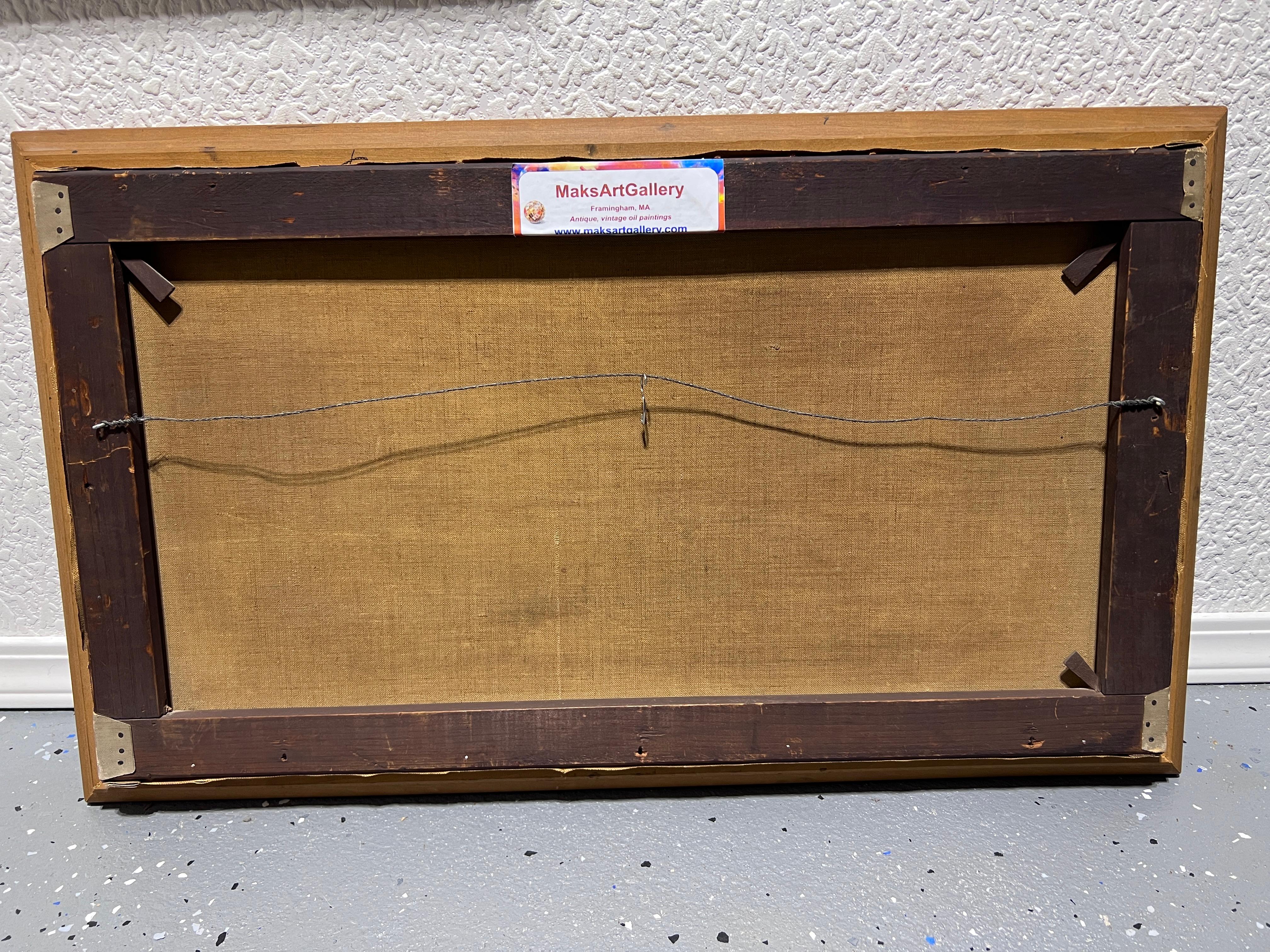 Cuadro antiguo al óleo sobre lienzo, Paisaje, Vacas, Firmado, Enmarcado en venta 5