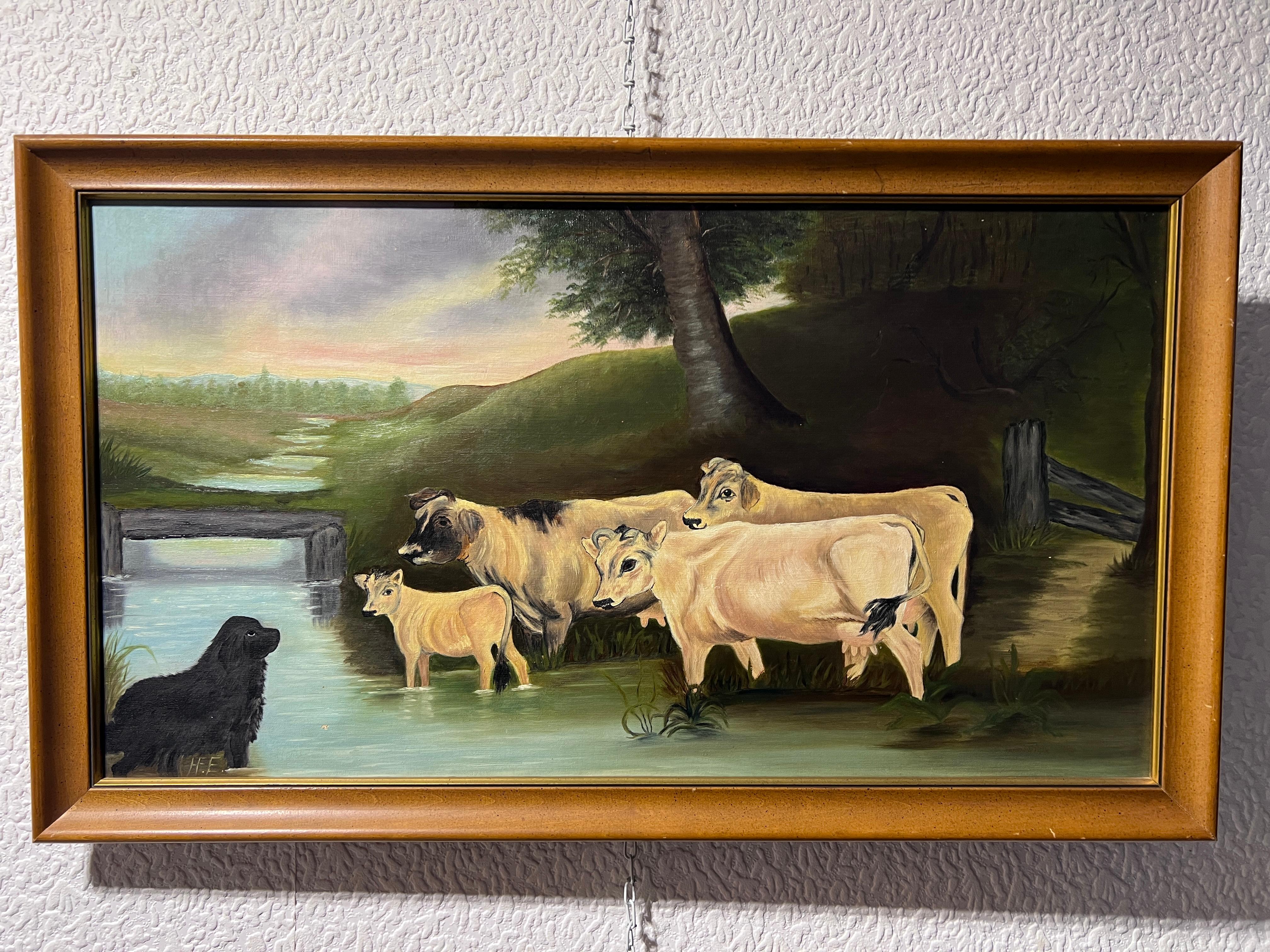 Cuadro antiguo al óleo sobre lienzo, Paisaje, Vacas, Firmado, Enmarcado - Painting de Unknown