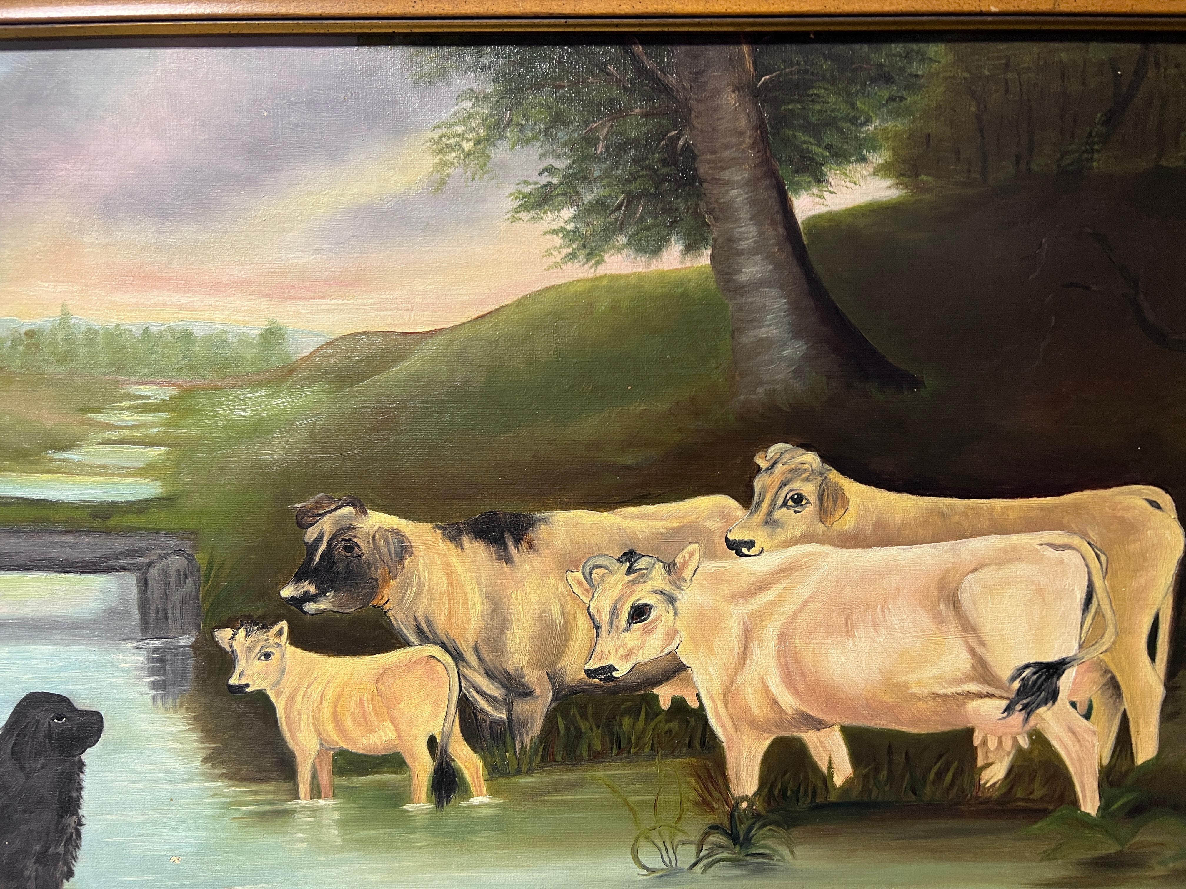 Cuadro antiguo al óleo sobre lienzo, Paisaje, Vacas, Firmado, Enmarcado - Painting Impresionista de Unknown
