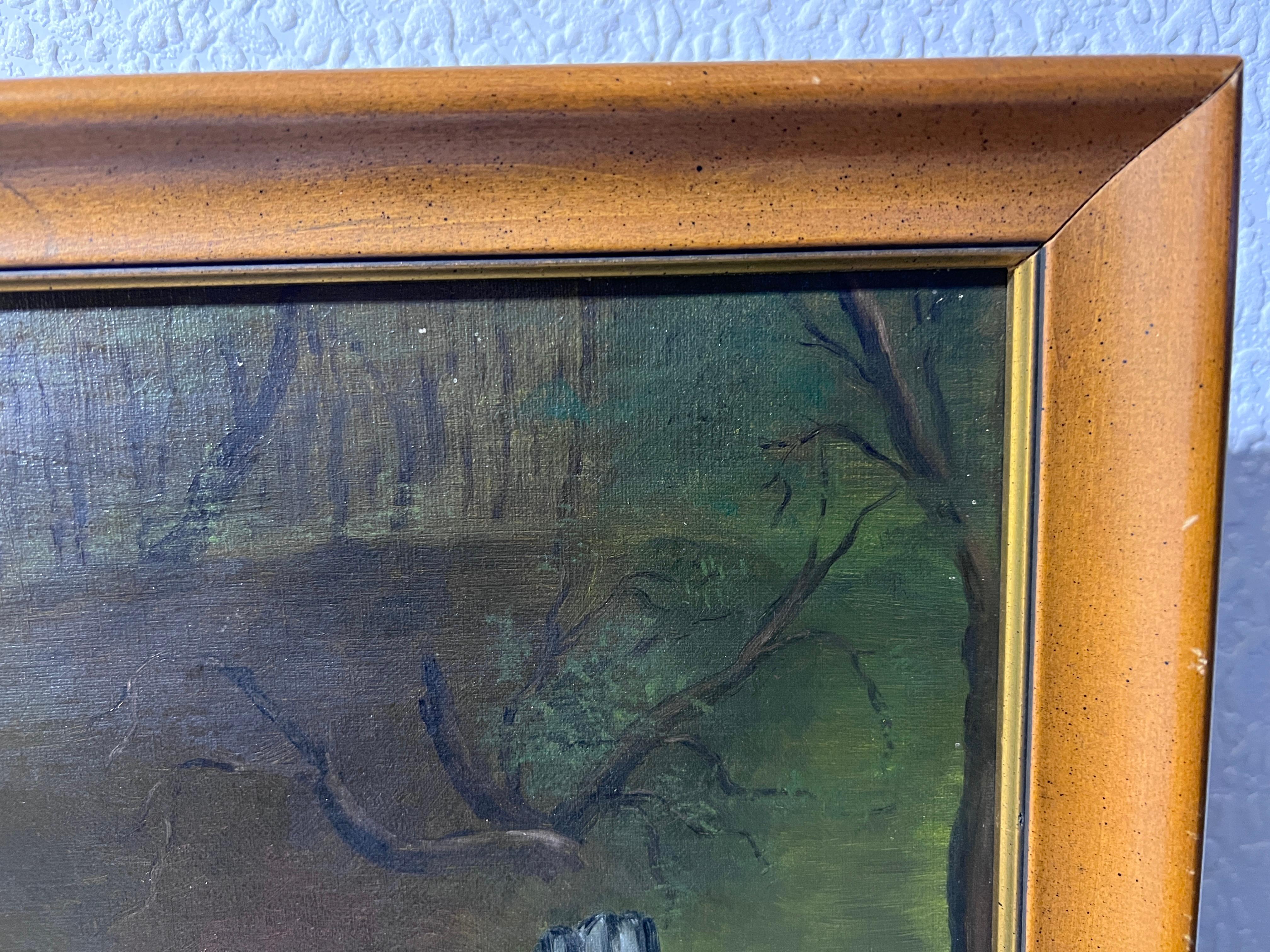 Cuadro antiguo al óleo sobre lienzo, Paisaje, Vacas, Firmado, Enmarcado en venta 1