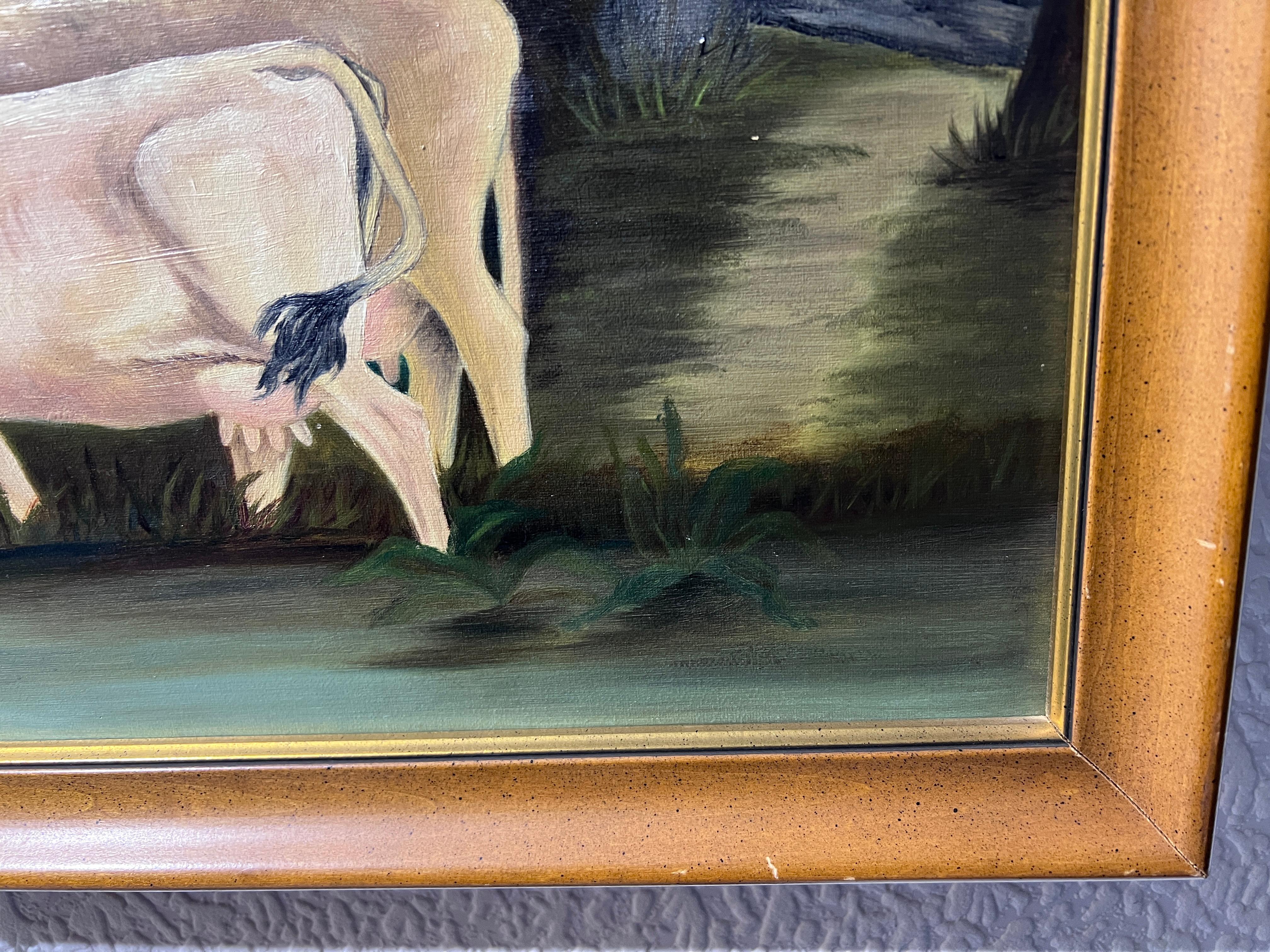Cuadro antiguo al óleo sobre lienzo, Paisaje, Vacas, Firmado, Enmarcado en venta 2
