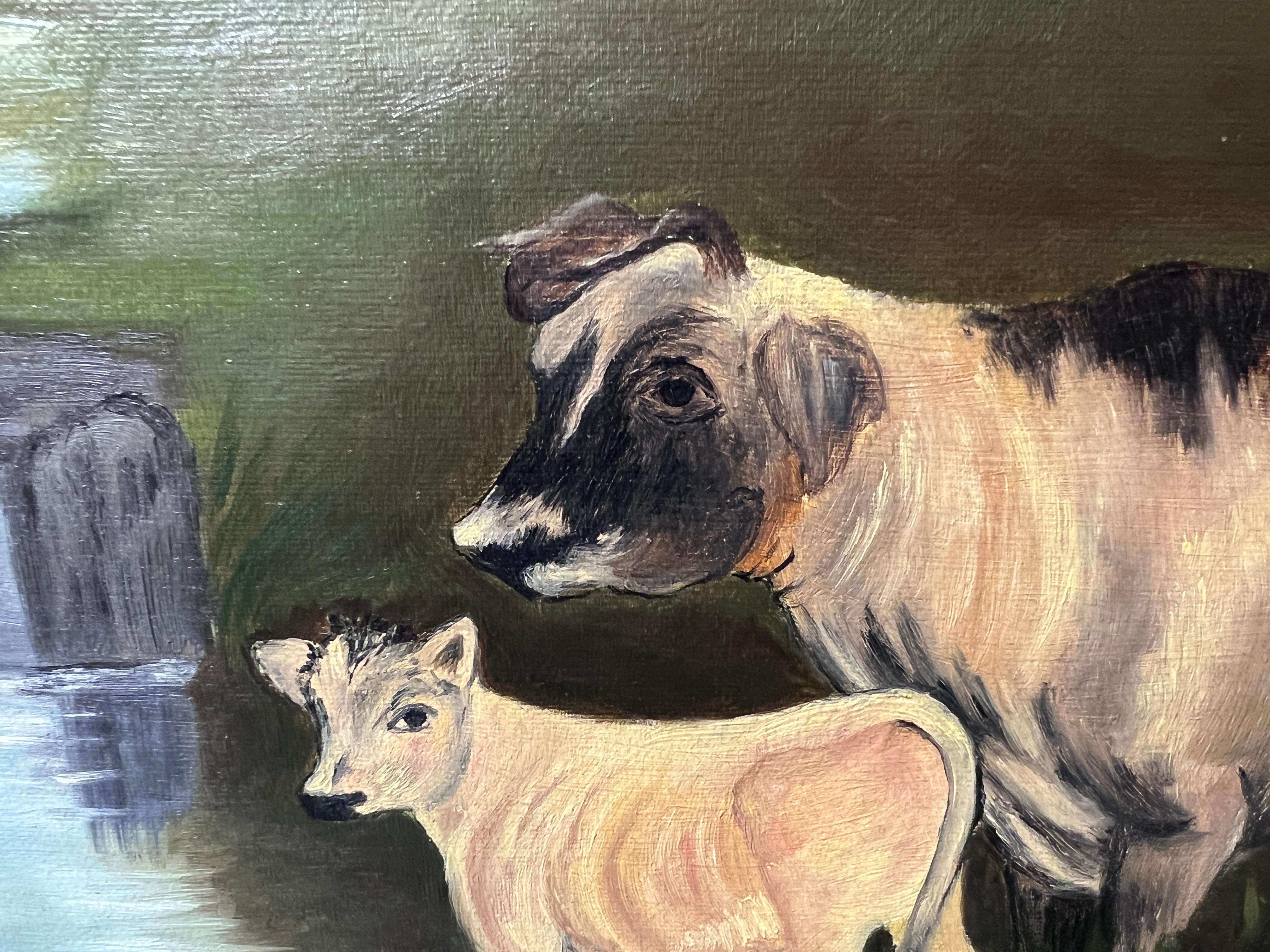 Cuadro antiguo al óleo sobre lienzo, Paisaje, Vacas, Firmado, Enmarcado en venta 3