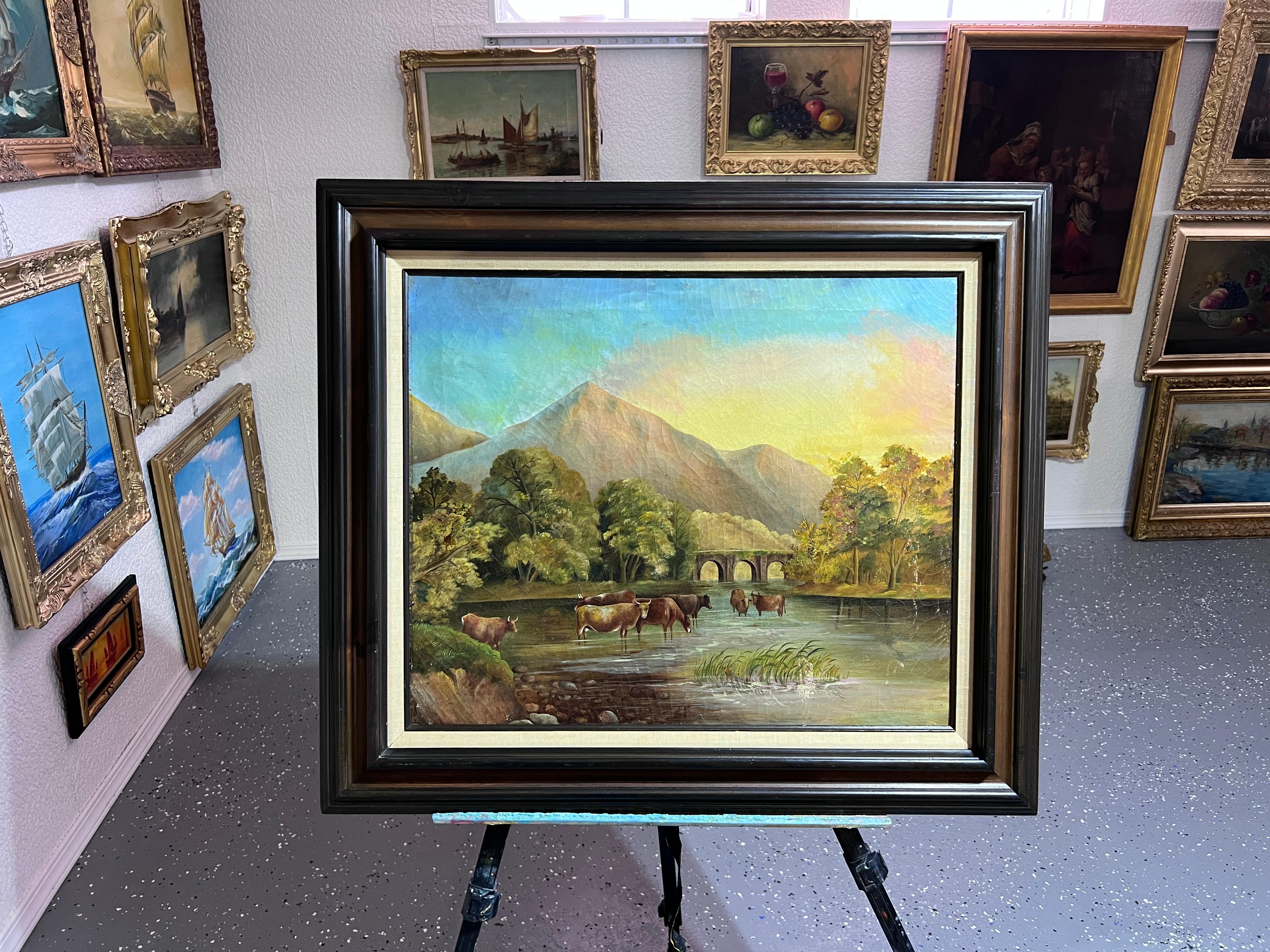 Óleo antiguo sobre lienzo, Paisaje, Vacas, Sin firmar, Enmarcado - Painting de Unknown