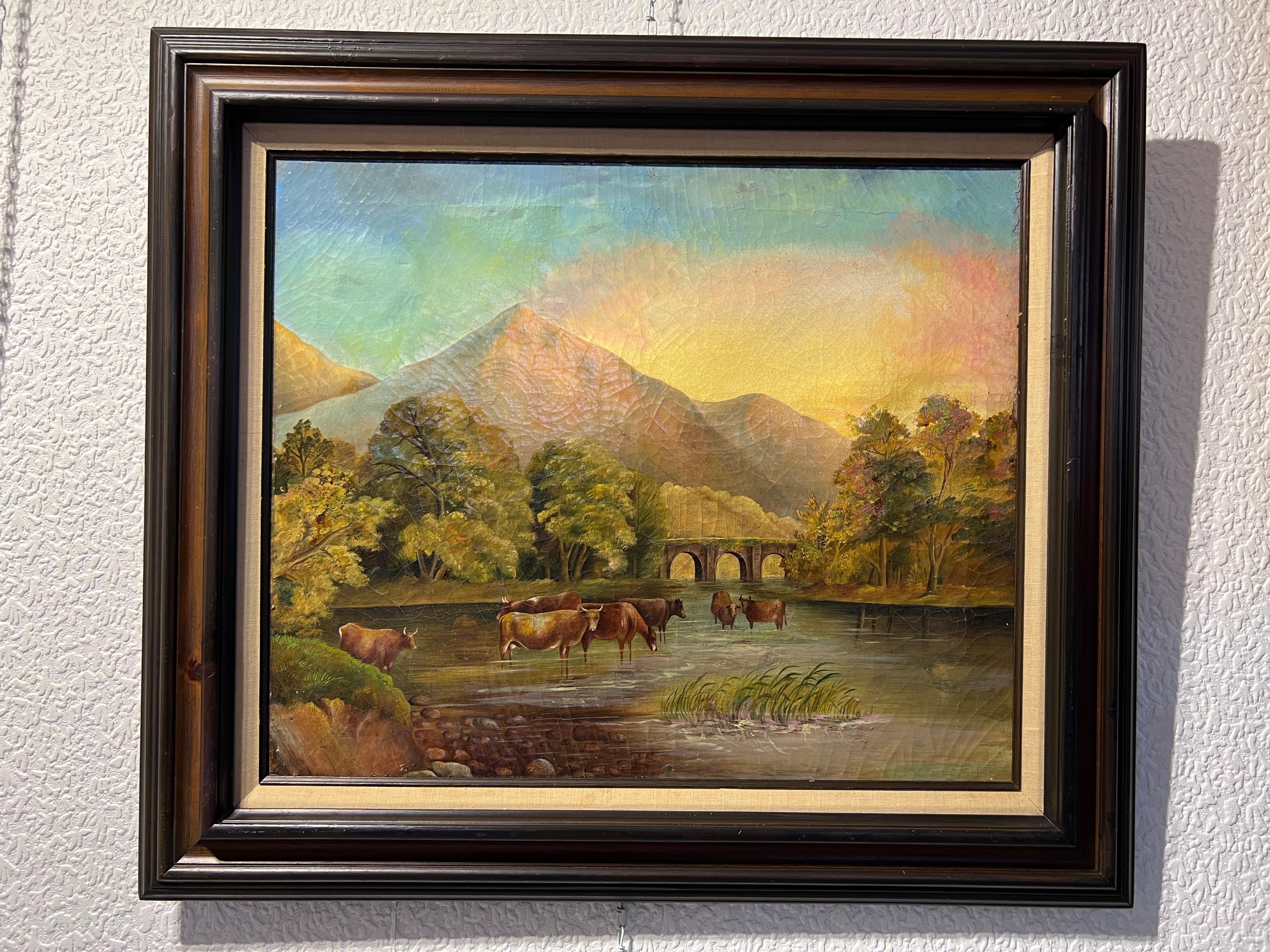 Óleo antiguo sobre lienzo, Paisaje, Vacas, Sin firmar, Enmarcado - Painting Impresionista de Unknown
