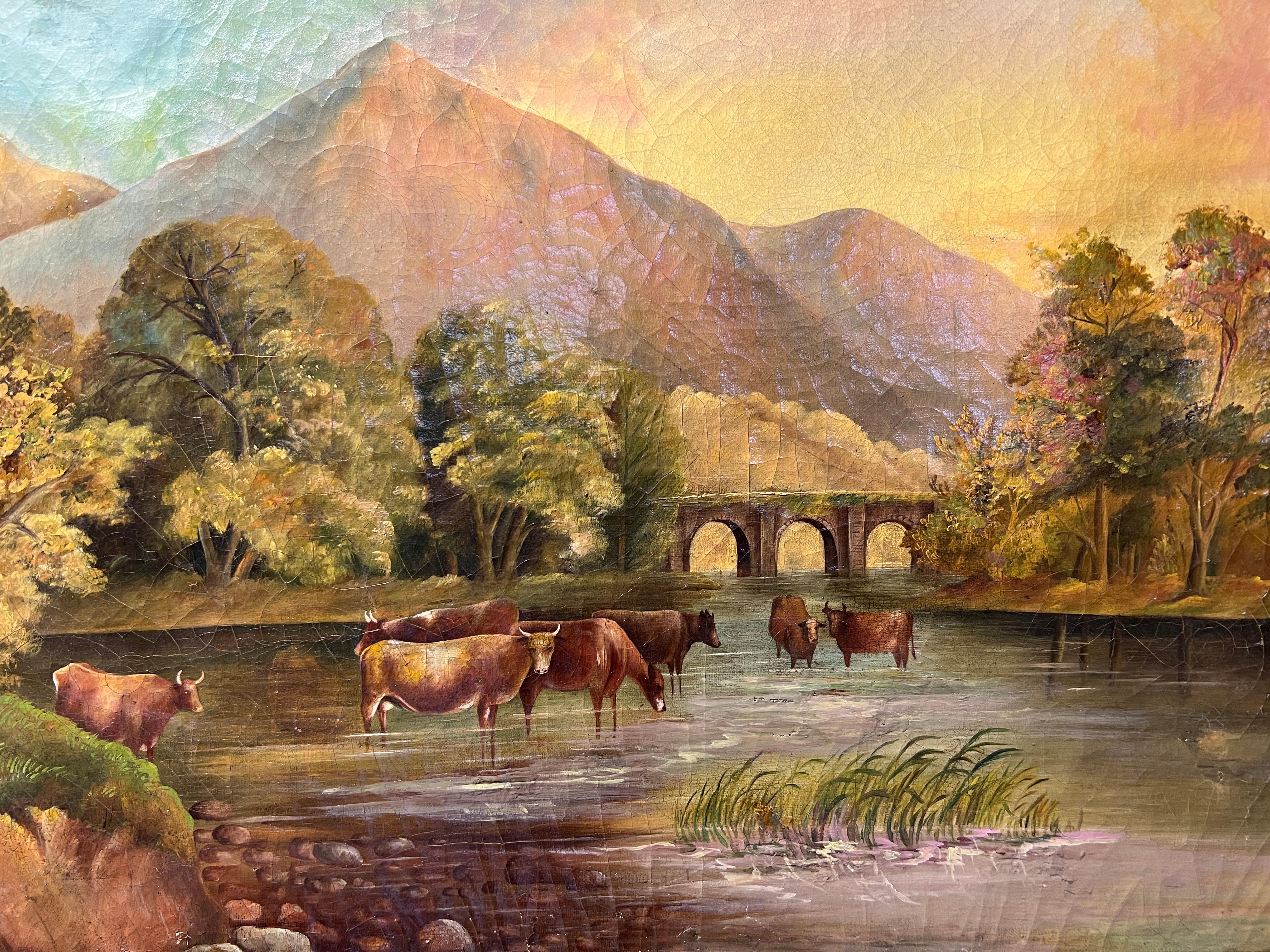 Óleo antiguo sobre lienzo, Paisaje, Vacas, Sin firmar, Enmarcado - Landscape Painting Negro de Unknown