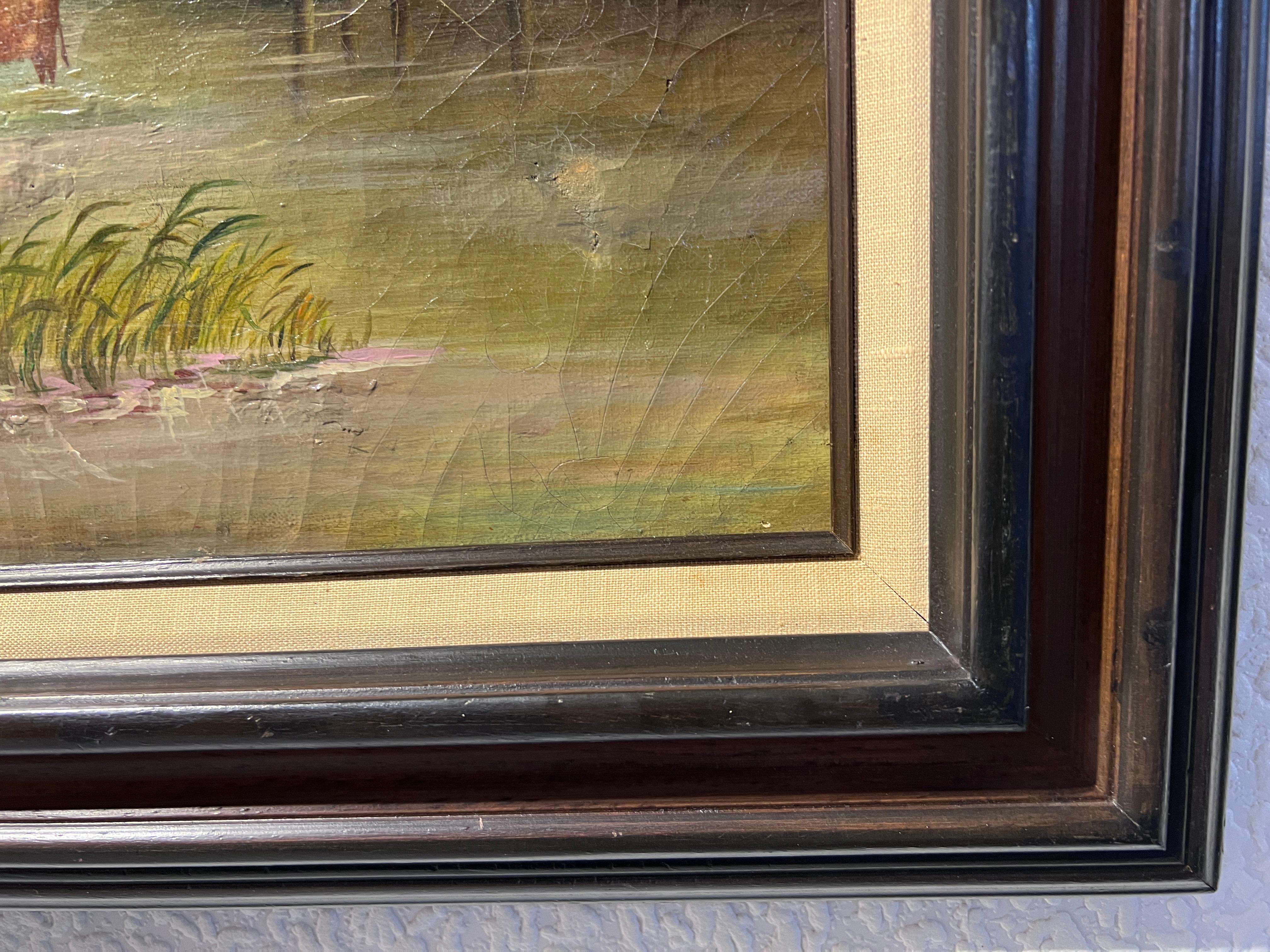 Óleo antiguo sobre lienzo, Paisaje, Vacas, Sin firmar, Enmarcado en venta 3