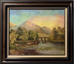 Óleo antiguo sobre lienzo, Paisaje, Vacas, Sin firmar, Enmarcado