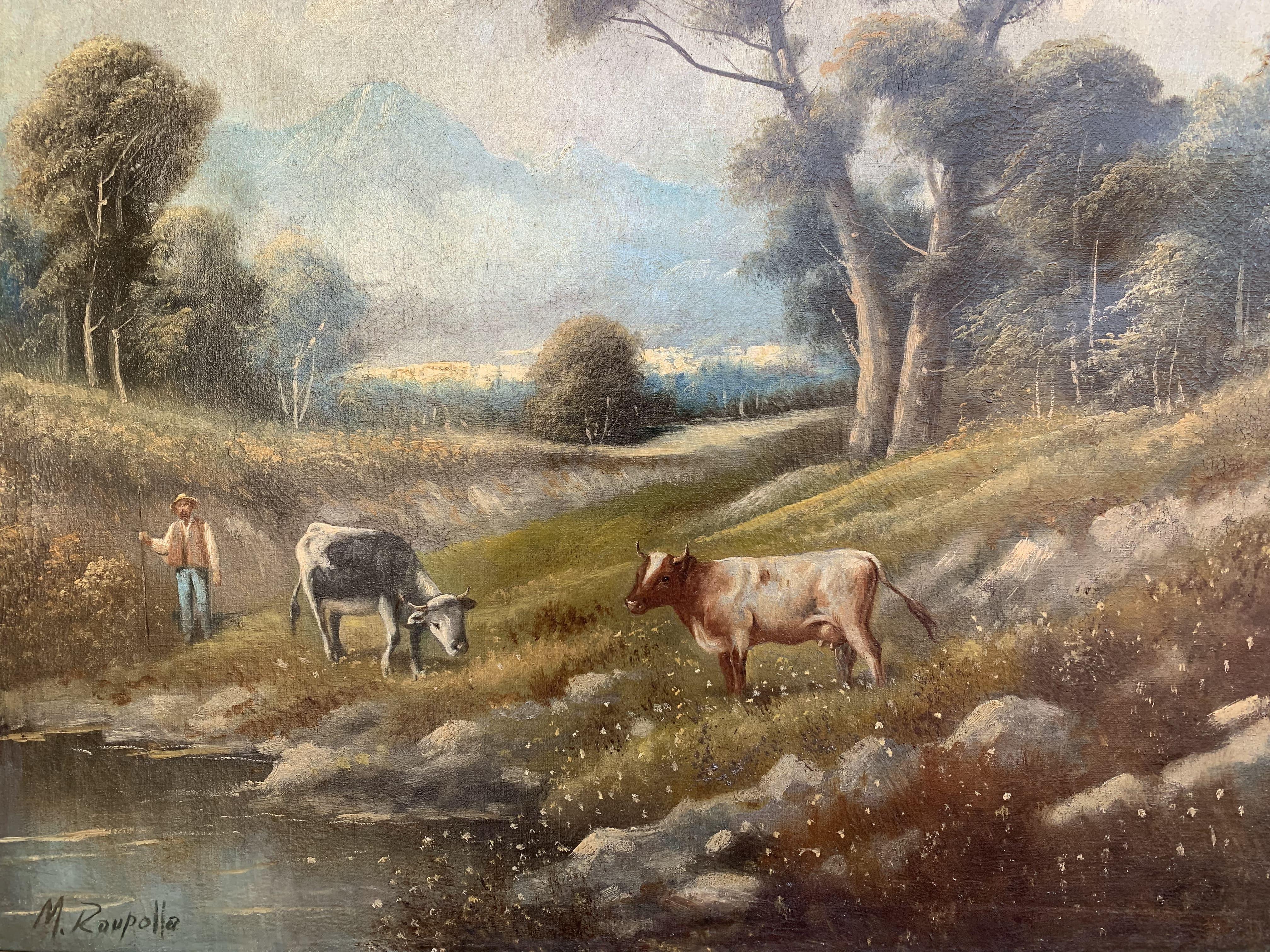 Antico dipinto a olio su tela Paesaggio, Pastore con mucche, firmato - Painting di Unknown
