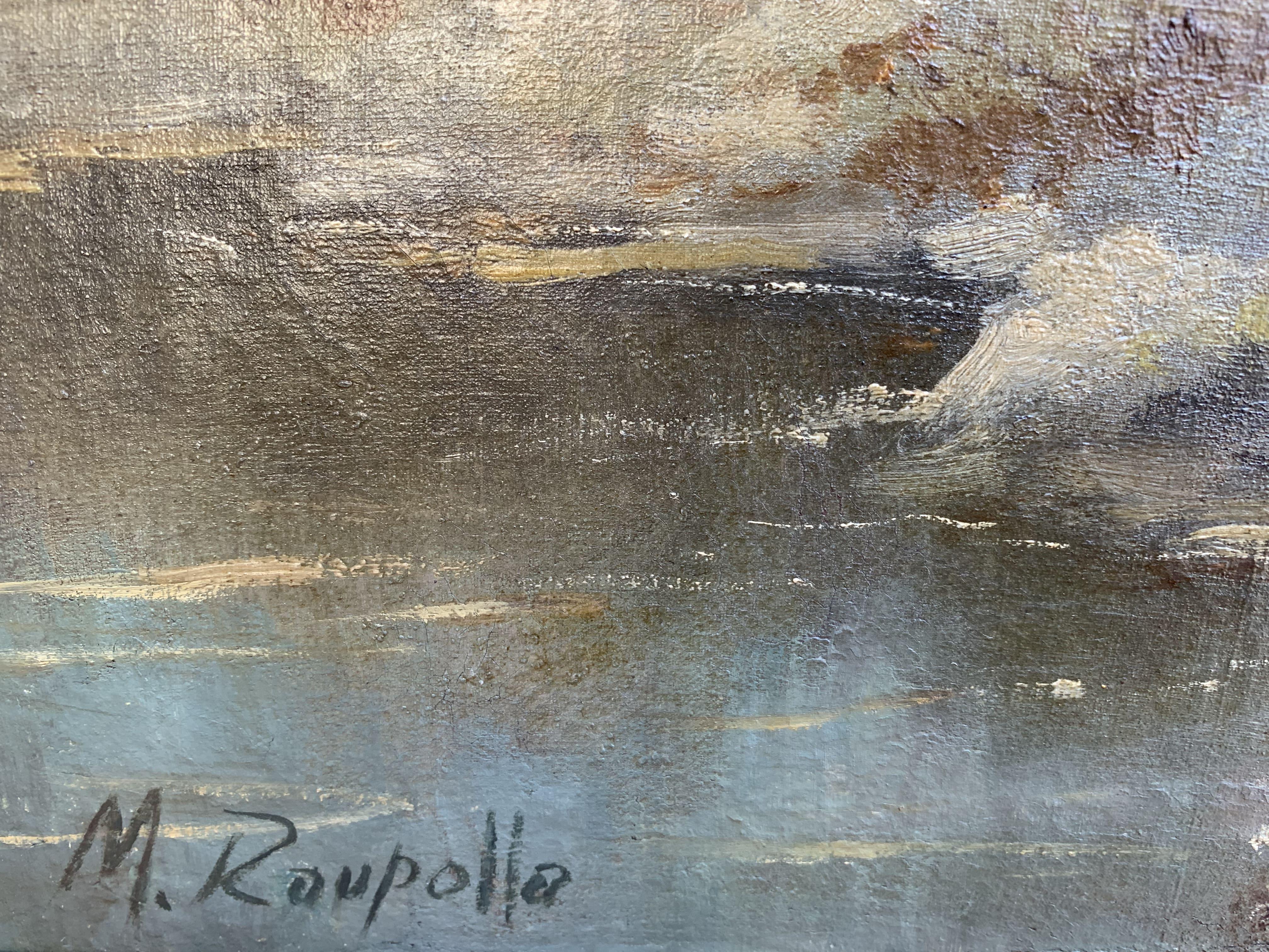 Antico dipinto a olio su tela Paesaggio, Pastore con mucche, firmato - Painting Impressionismo di Unknown