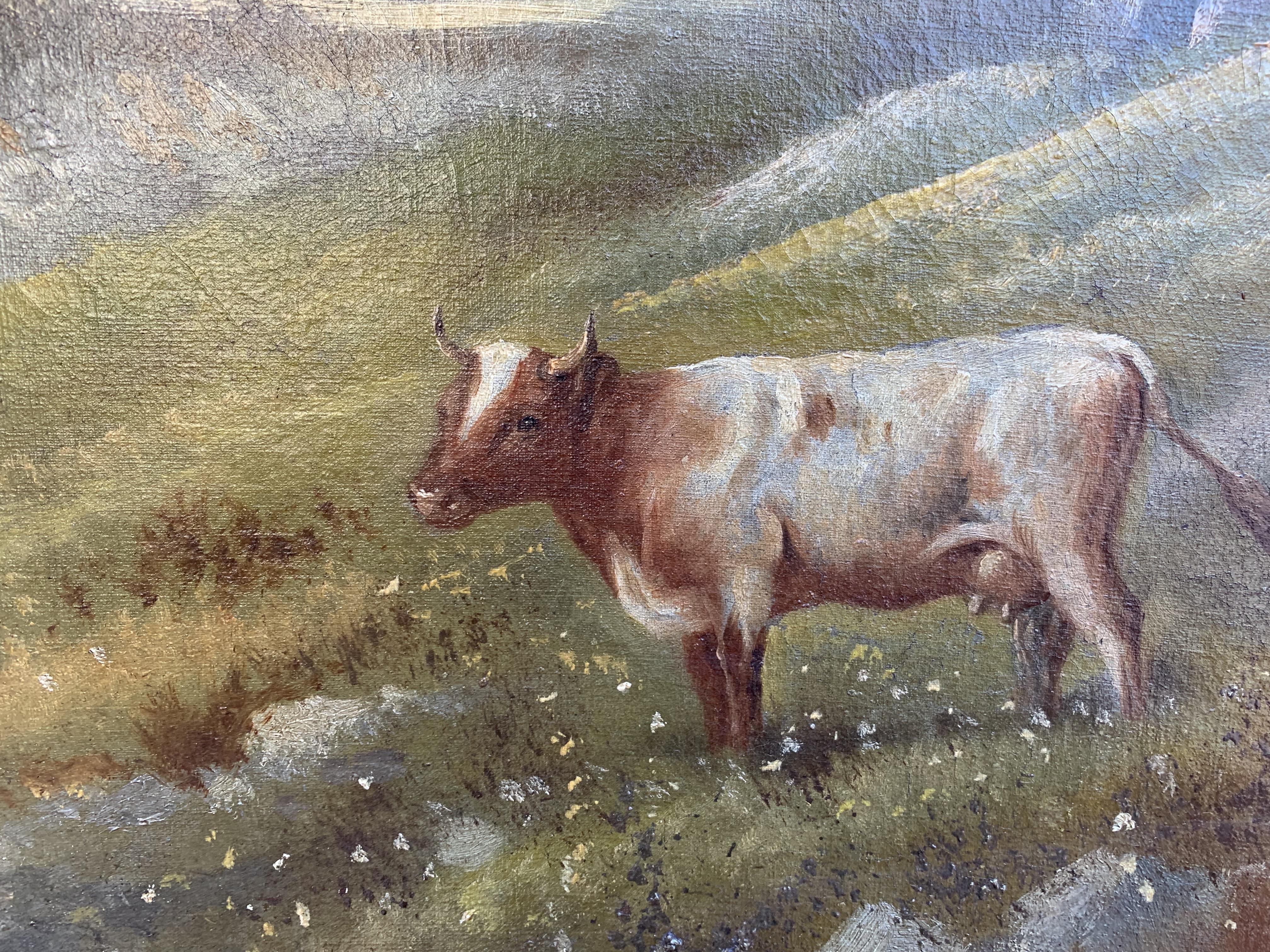 Si tratta di un antico dipinto a olio su tela originale che raffigura un paesaggio di campagna con un pastore e delle mucche. 

Firmato in basso a sinistra M. Roupolla.

Ben incorniciato. Il telaio è stato riverniciato. Nel complesso il dipinto è in