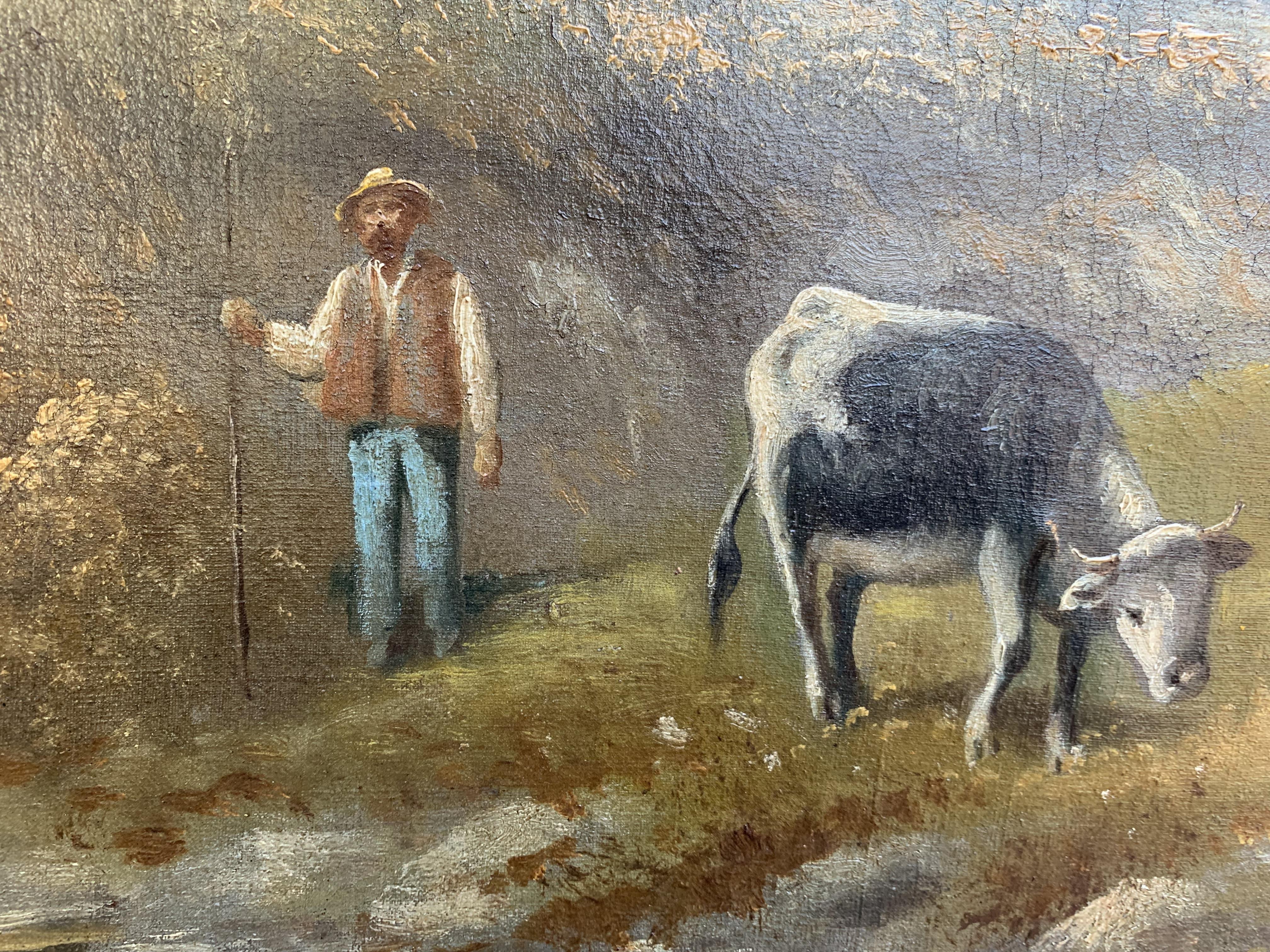 Antico dipinto a olio su tela Paesaggio, Pastore con mucche, firmato 1