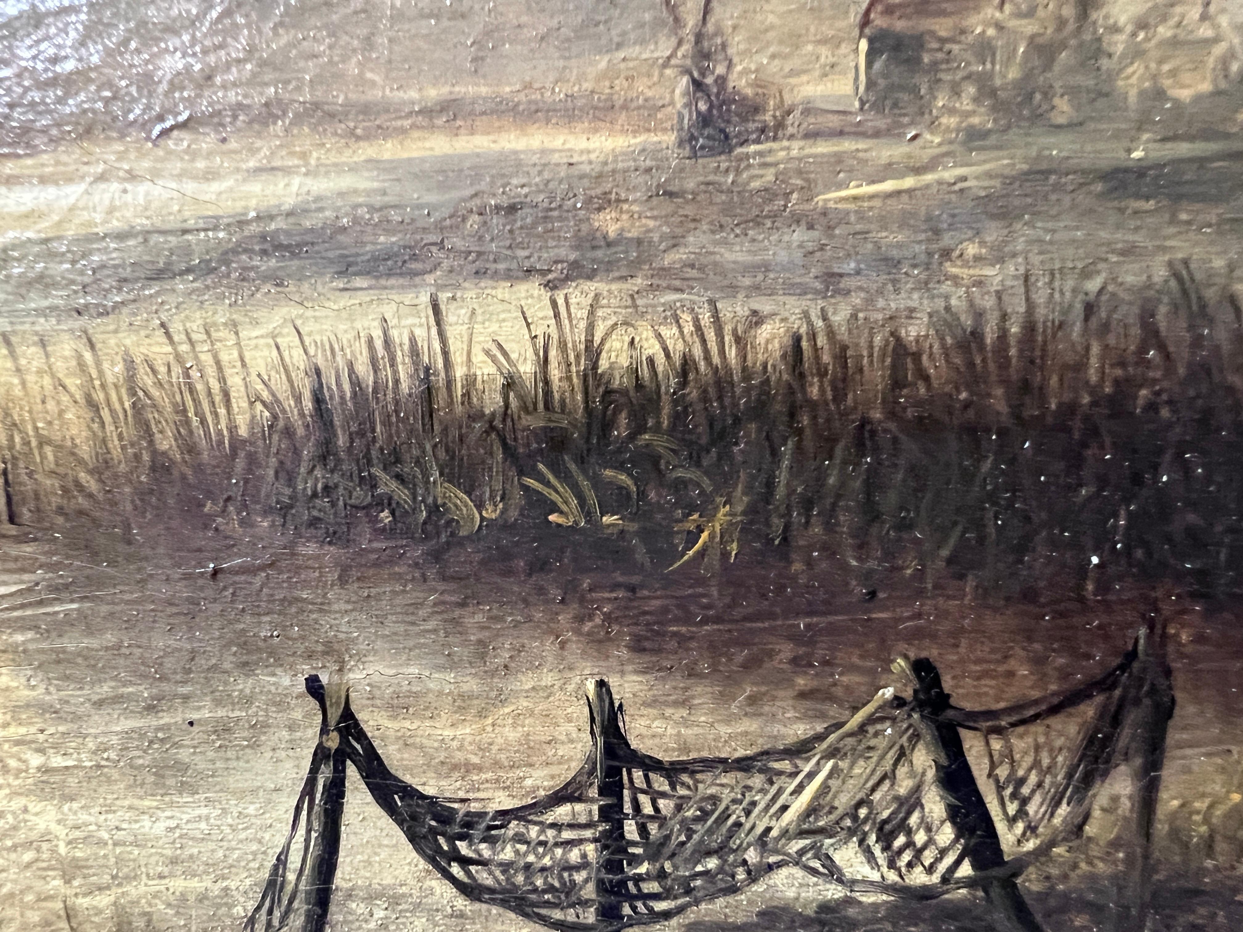 Óleo antiguo sobre lienzo, Paisaje, Molino de viento, Marco dorado, Firmado 6