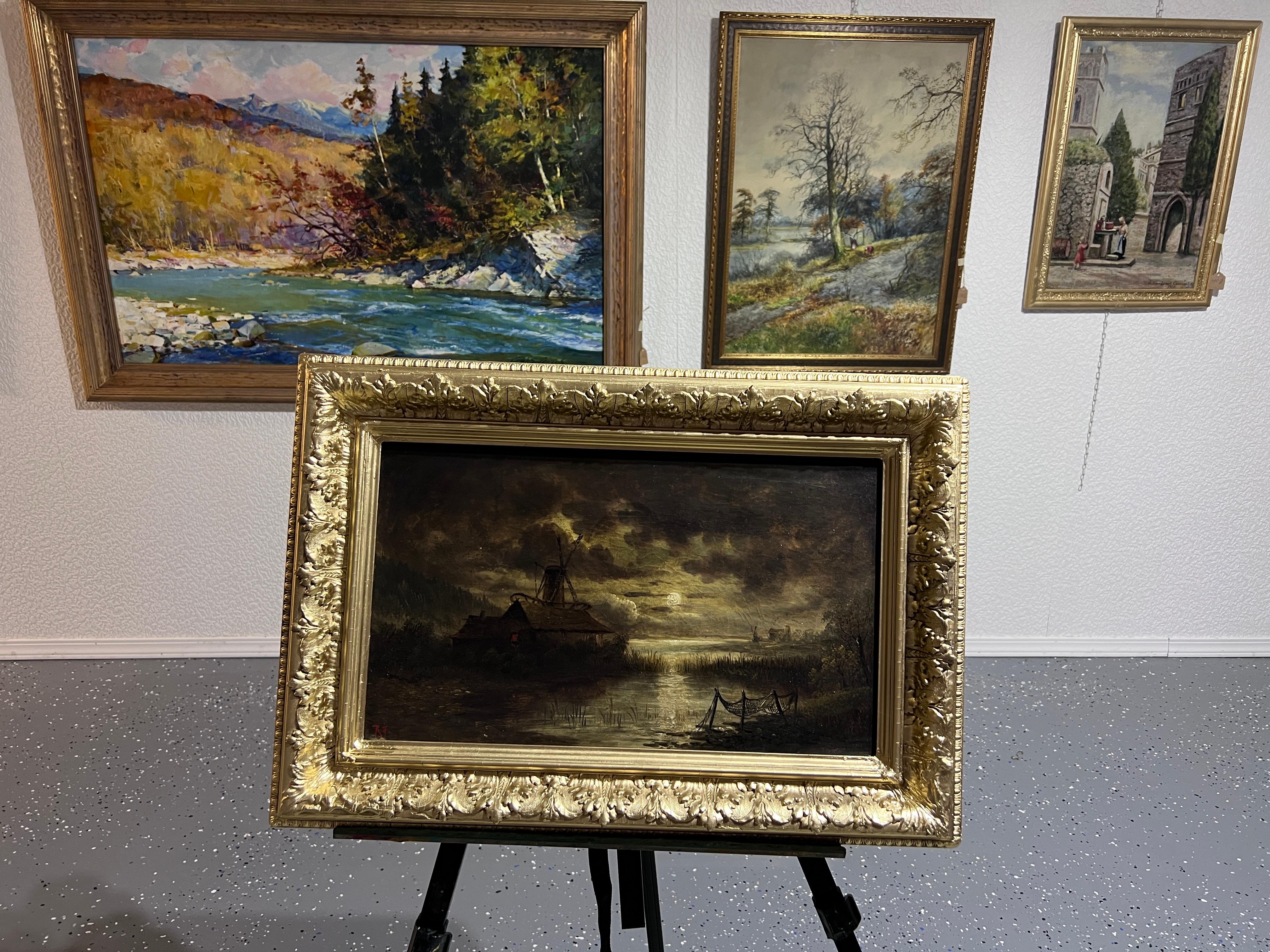 Óleo antiguo sobre lienzo, Paisaje, Molino de viento, Marco dorado, Firmado 8