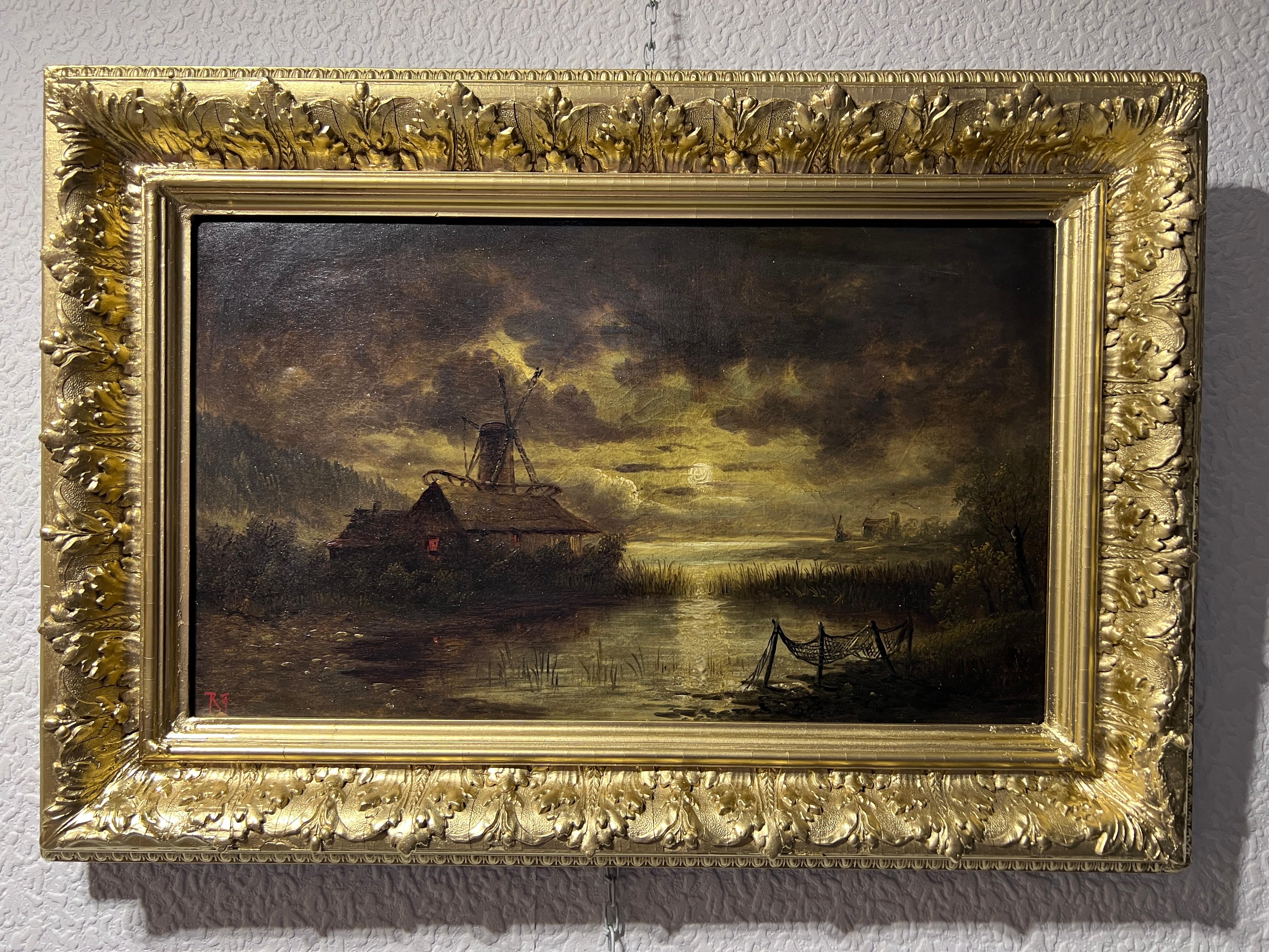 Óleo antiguo sobre lienzo, Paisaje, Molino de viento, Marco dorado, Firmado - Painting de Unknown