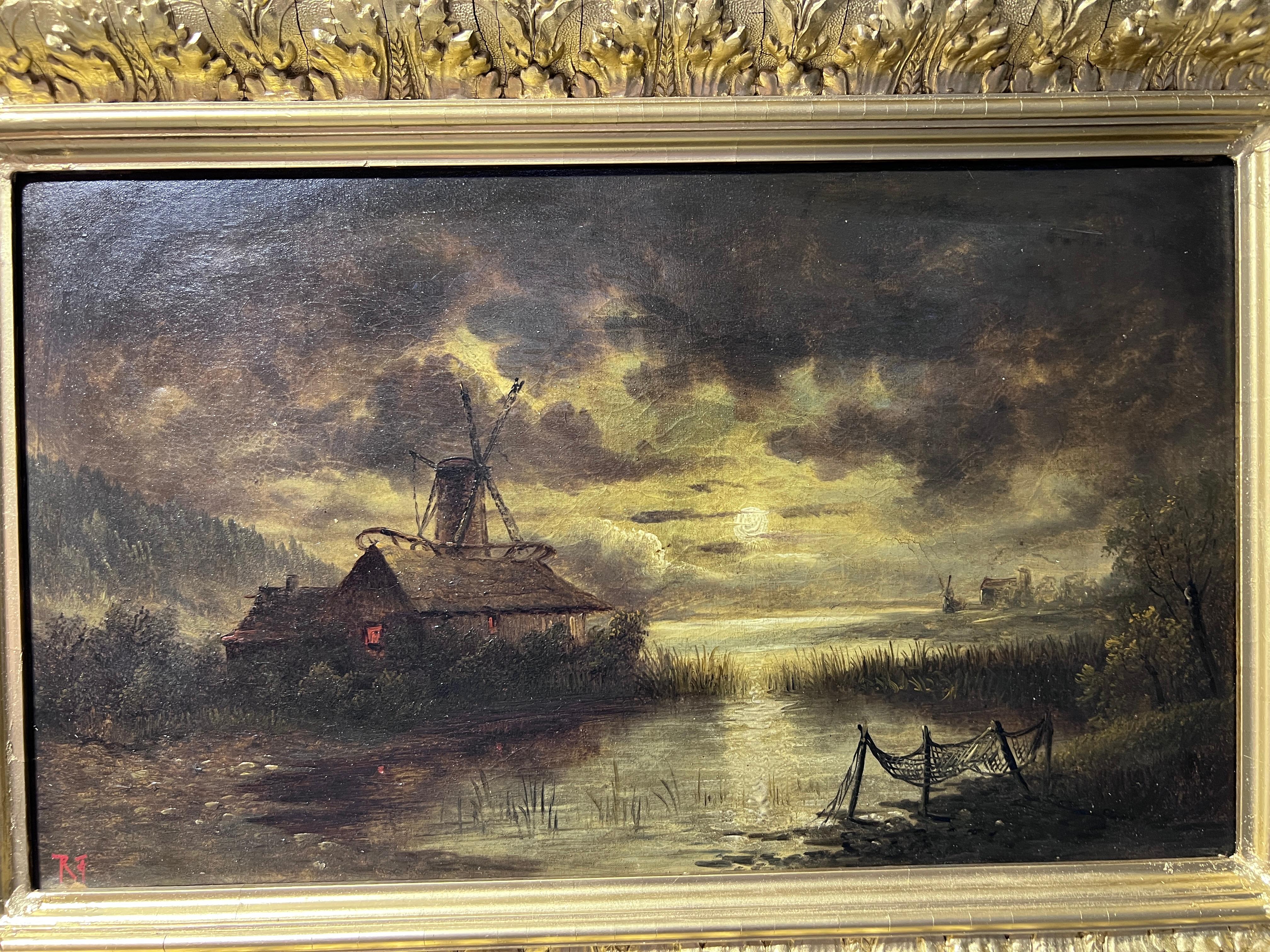 Óleo antiguo sobre lienzo, Paisaje, Molino de viento, Marco dorado, Firmado - Painting Impresionista de Unknown