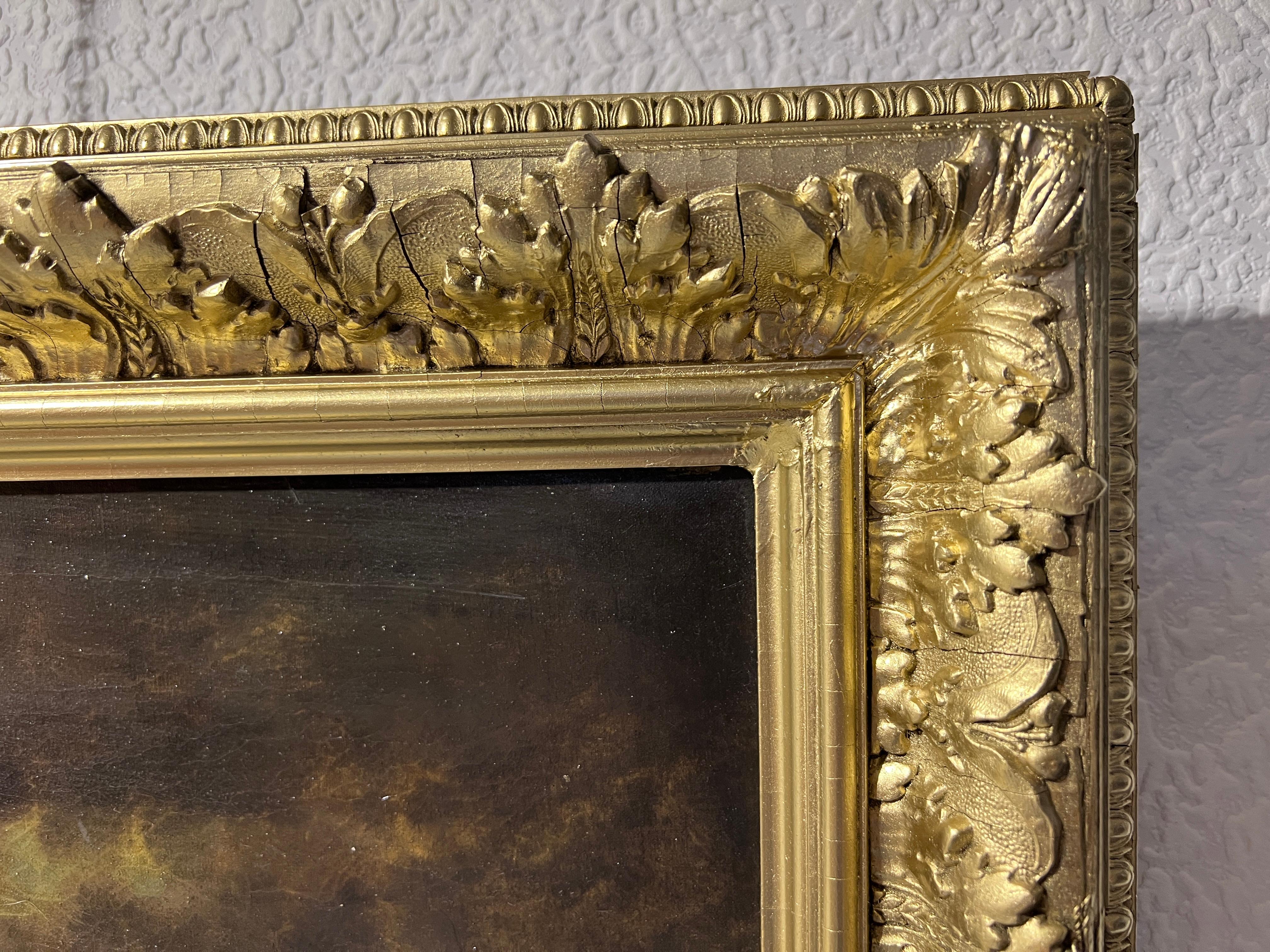 Óleo antiguo sobre lienzo, Paisaje, Molino de viento, Marco dorado, Firmado 2