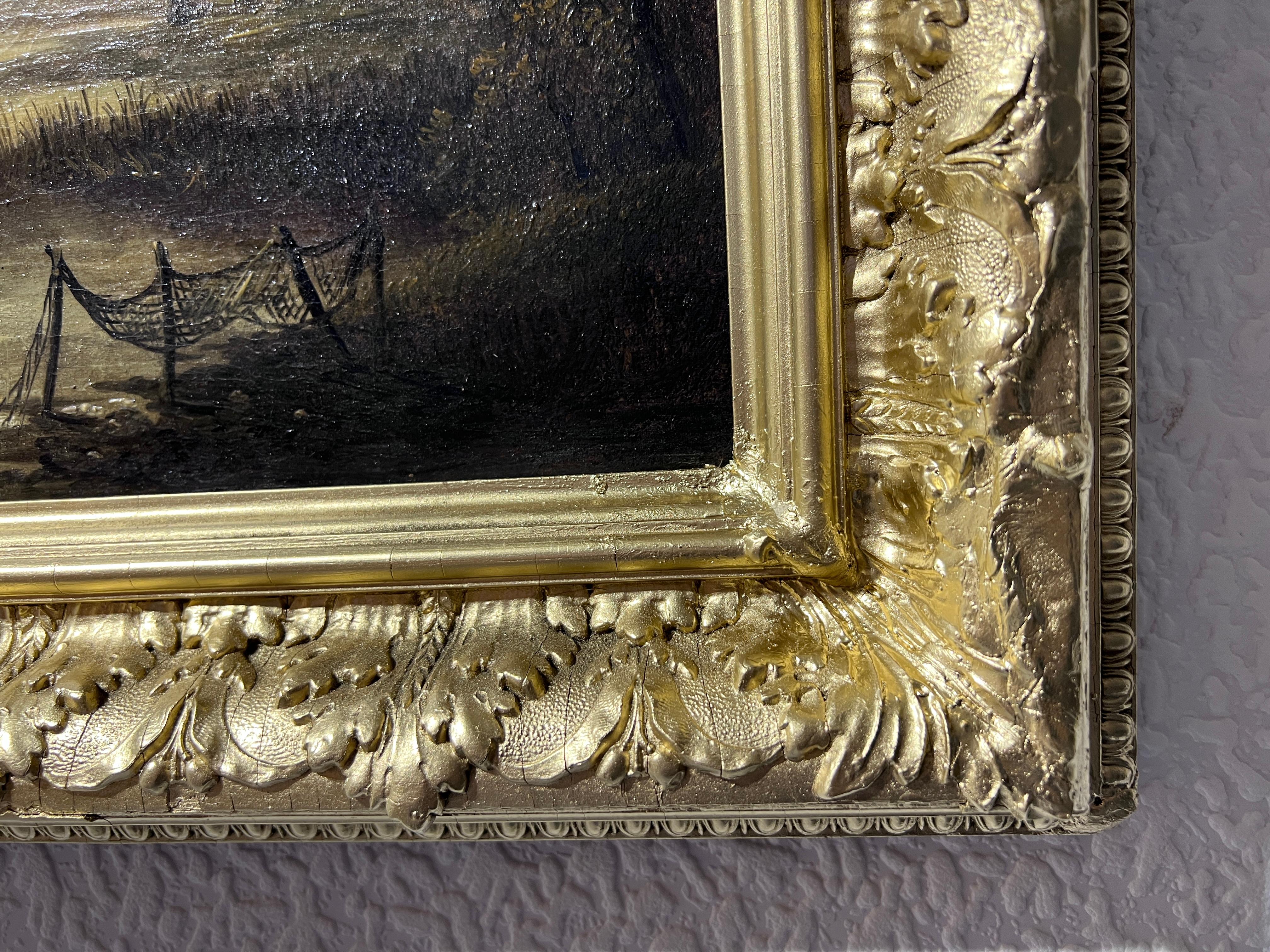 Óleo antiguo sobre lienzo, Paisaje, Molino de viento, Marco dorado, Firmado 3