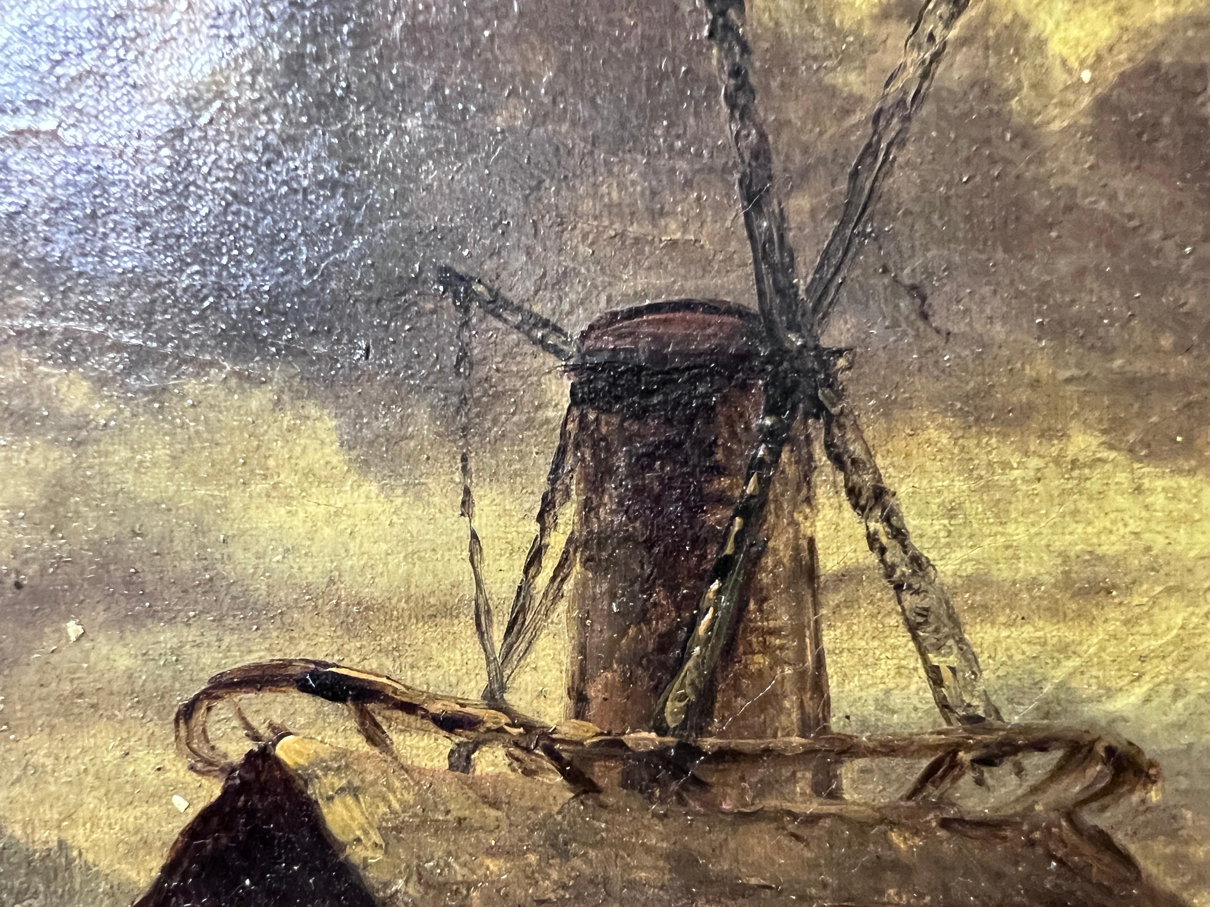 Óleo antiguo sobre lienzo, Paisaje, Molino de viento, Marco dorado, Firmado 5