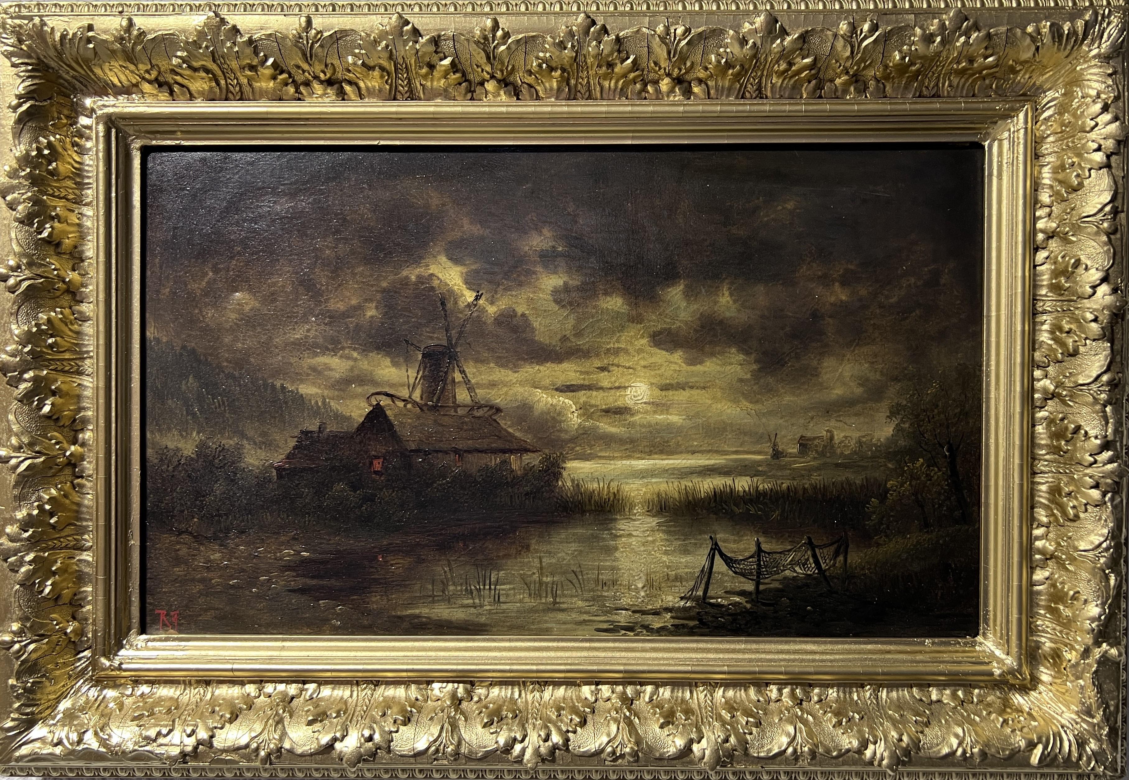 Landscape Painting de Unknown - Óleo antiguo sobre lienzo, Paisaje, Molino de viento, Marco dorado, Firmado