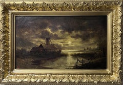 Óleo antiguo sobre lienzo, Paisaje, Molino de viento, Marco dorado, Firmado