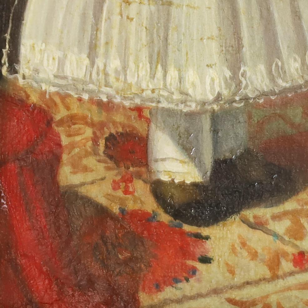 Peinture à l'huile ancienne sur toile d'un enfant avec un oiseau et un chien en vente 1
