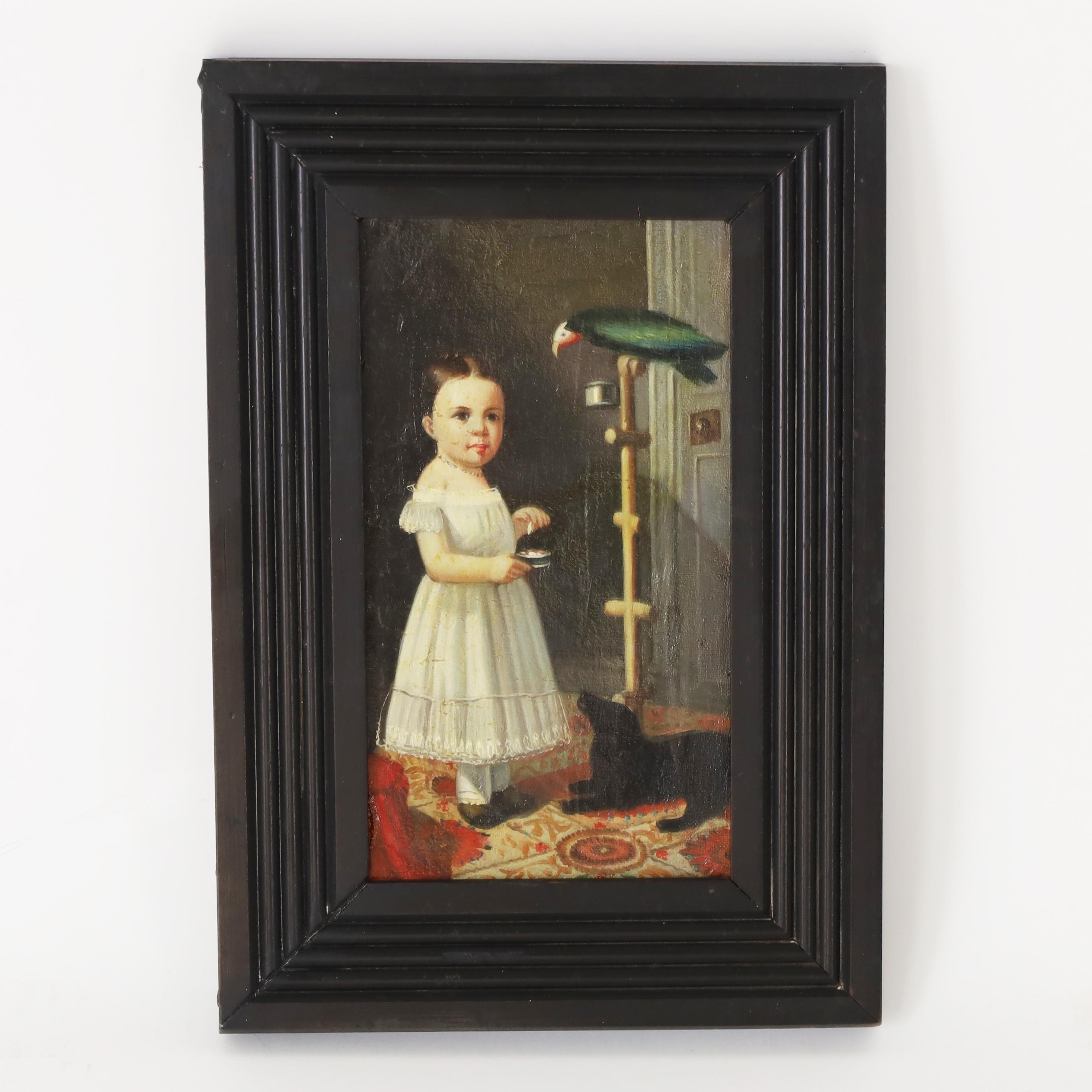 Peinture à l'huile ancienne sur toile d'un enfant avec un oiseau et un chien - Painting de Unknown