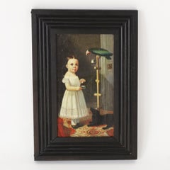 Antique Oil Painting on Canvas of a Child with a Bird and a Dog