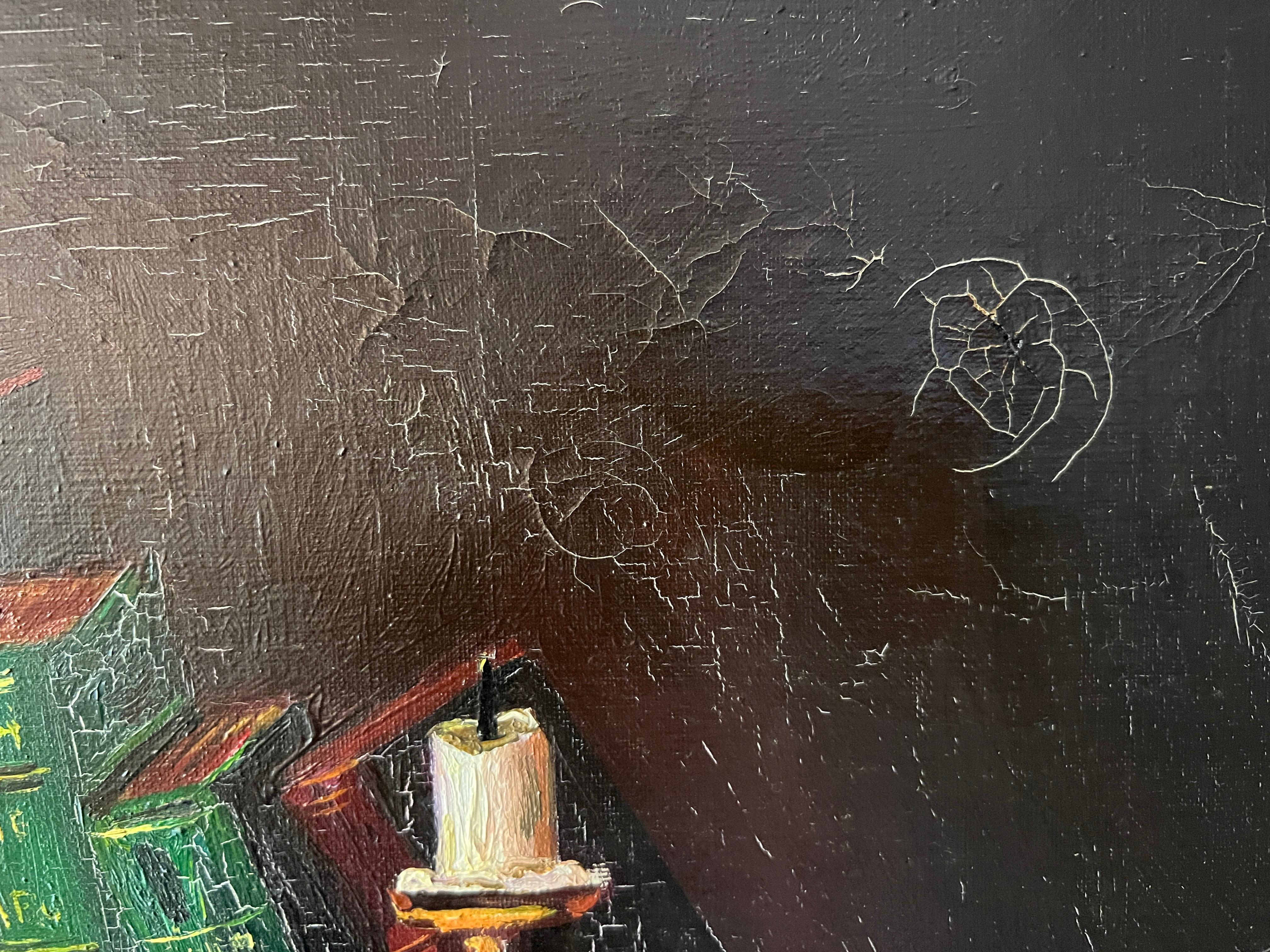 Pintura al Óleo Antigua sobre lienzo Bodegón, libros, vela, Firmado Azuquita Enmarcado en venta 5