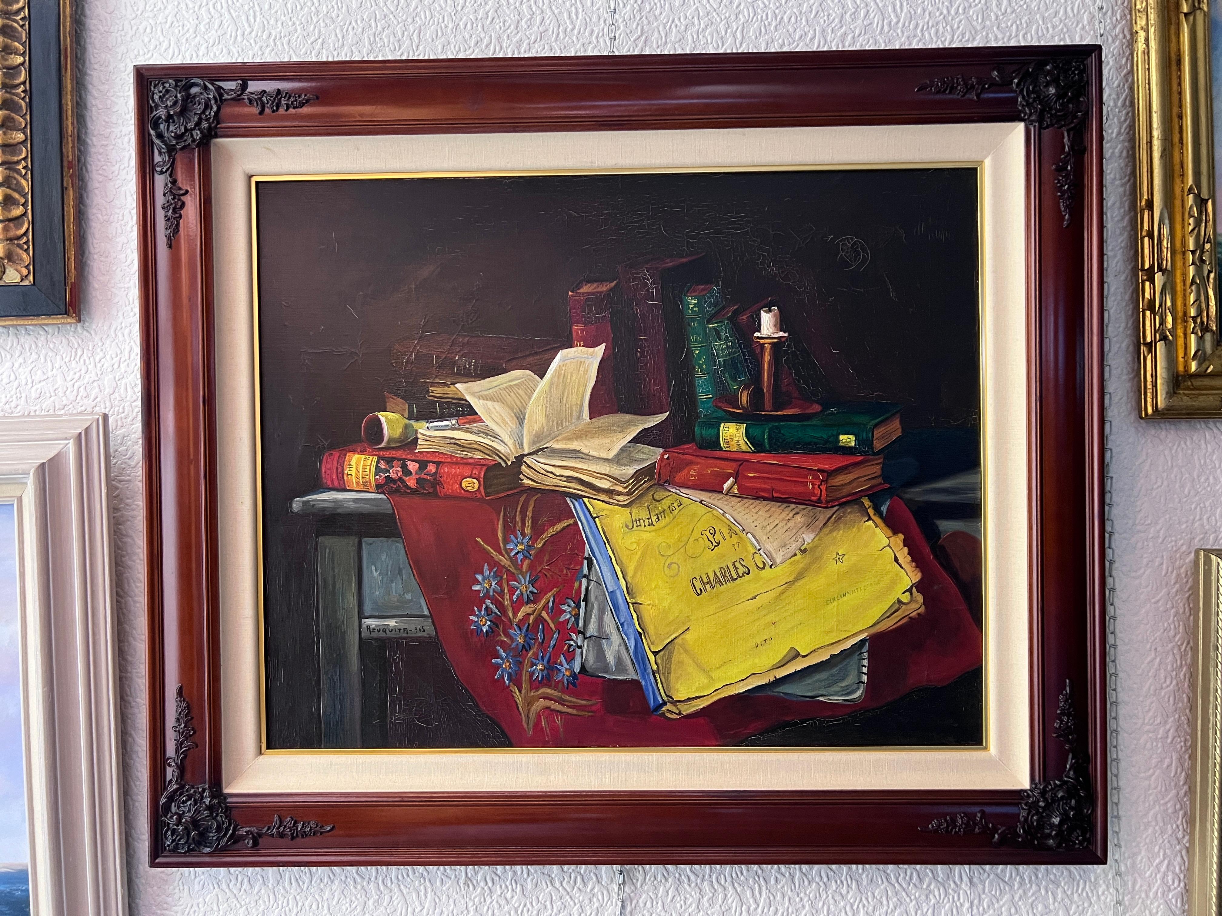 Pintura al Óleo Antigua sobre lienzo Bodegón, libros, vela, Firmado Azuquita Enmarcado - Painting de Unknown