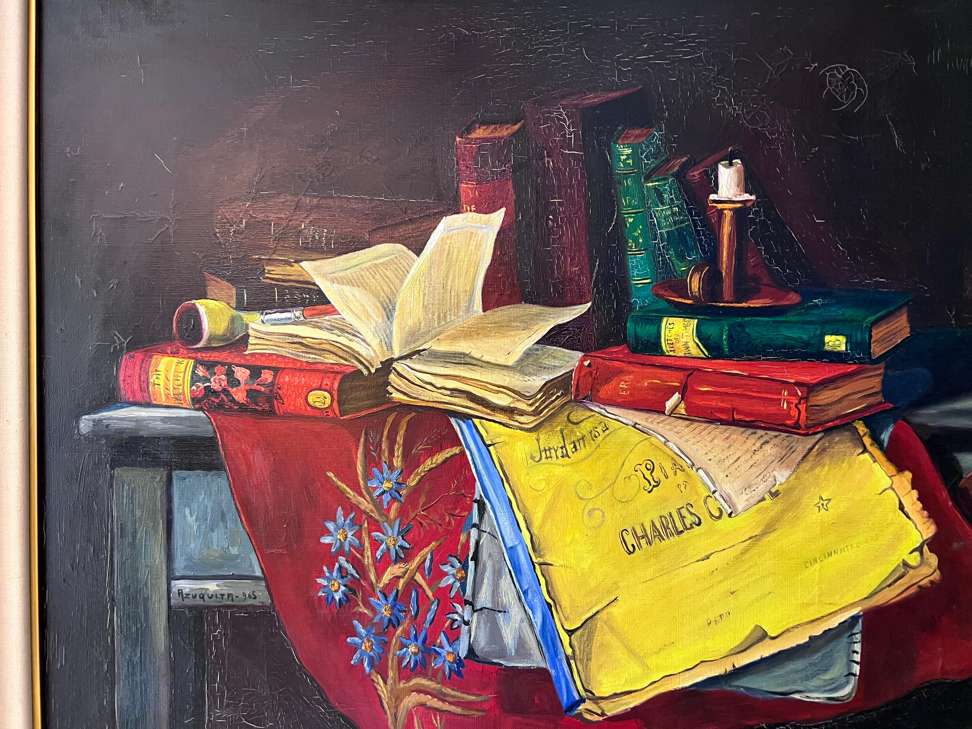 Pintura al Óleo Antigua sobre lienzo Bodegón, libros, vela, Firmado Azuquita Enmarcado - Painting Realista de Unknown
