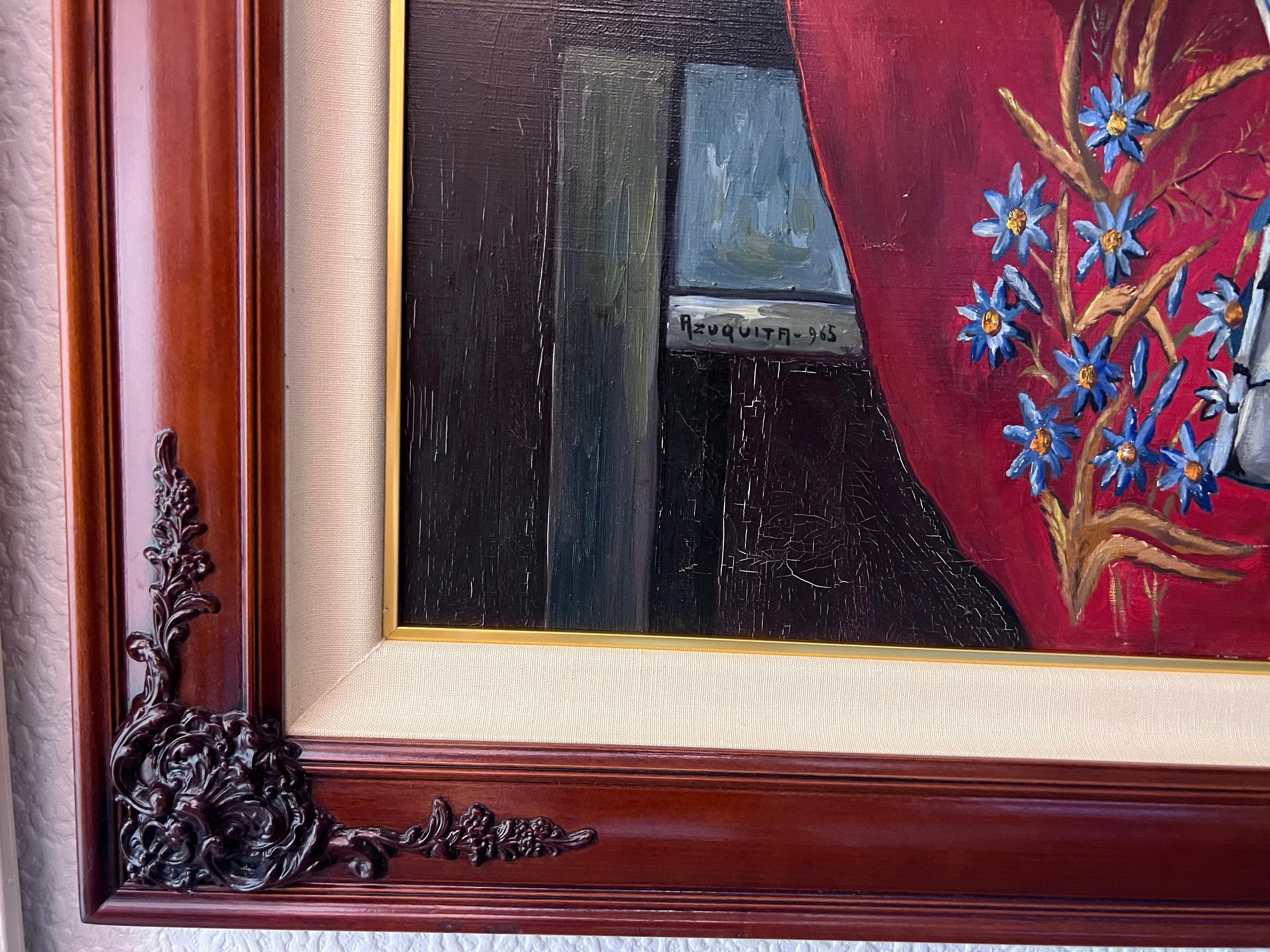 Pintura al Óleo Antigua sobre lienzo Bodegón, libros, vela, Firmado Azuquita Enmarcado - Still-Life Painting Negro de Unknown