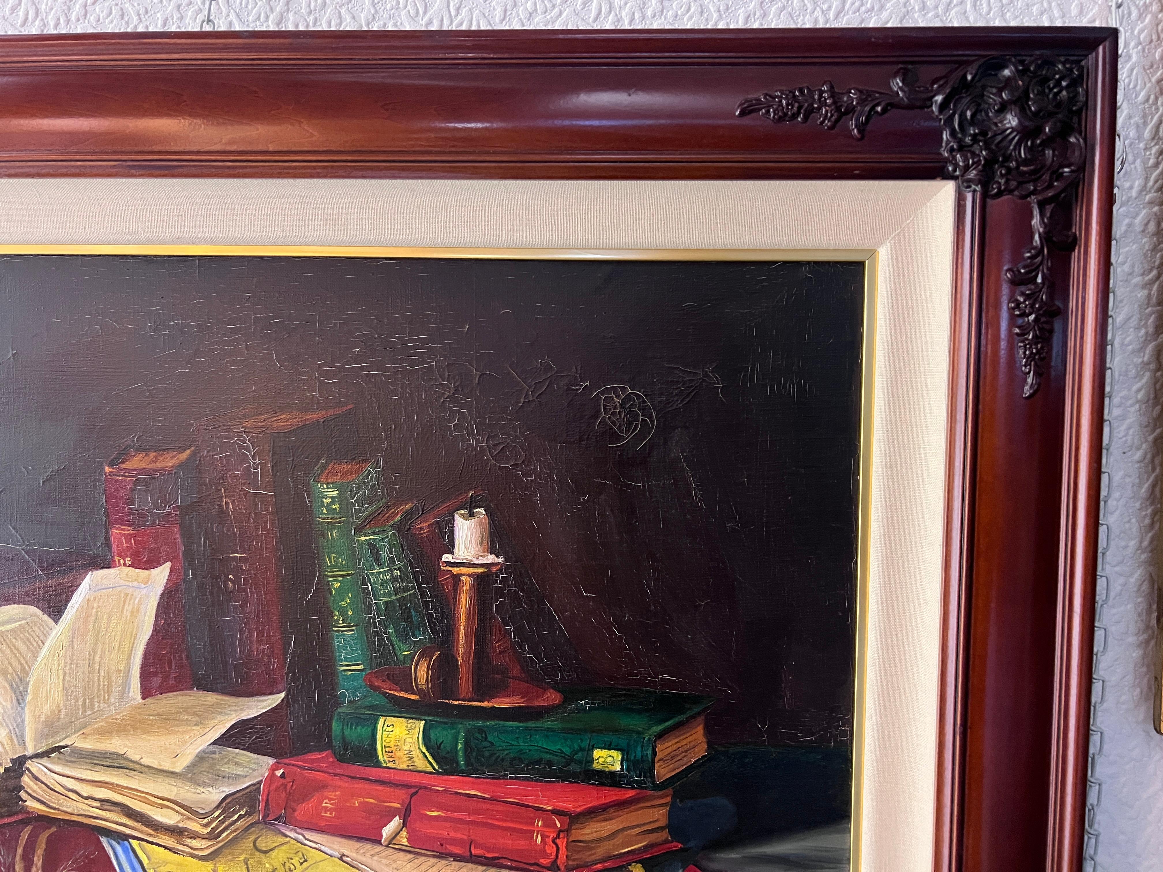 Pintura al Óleo Antigua sobre lienzo Bodegón, libros, vela, Firmado Azuquita Enmarcado en venta 1