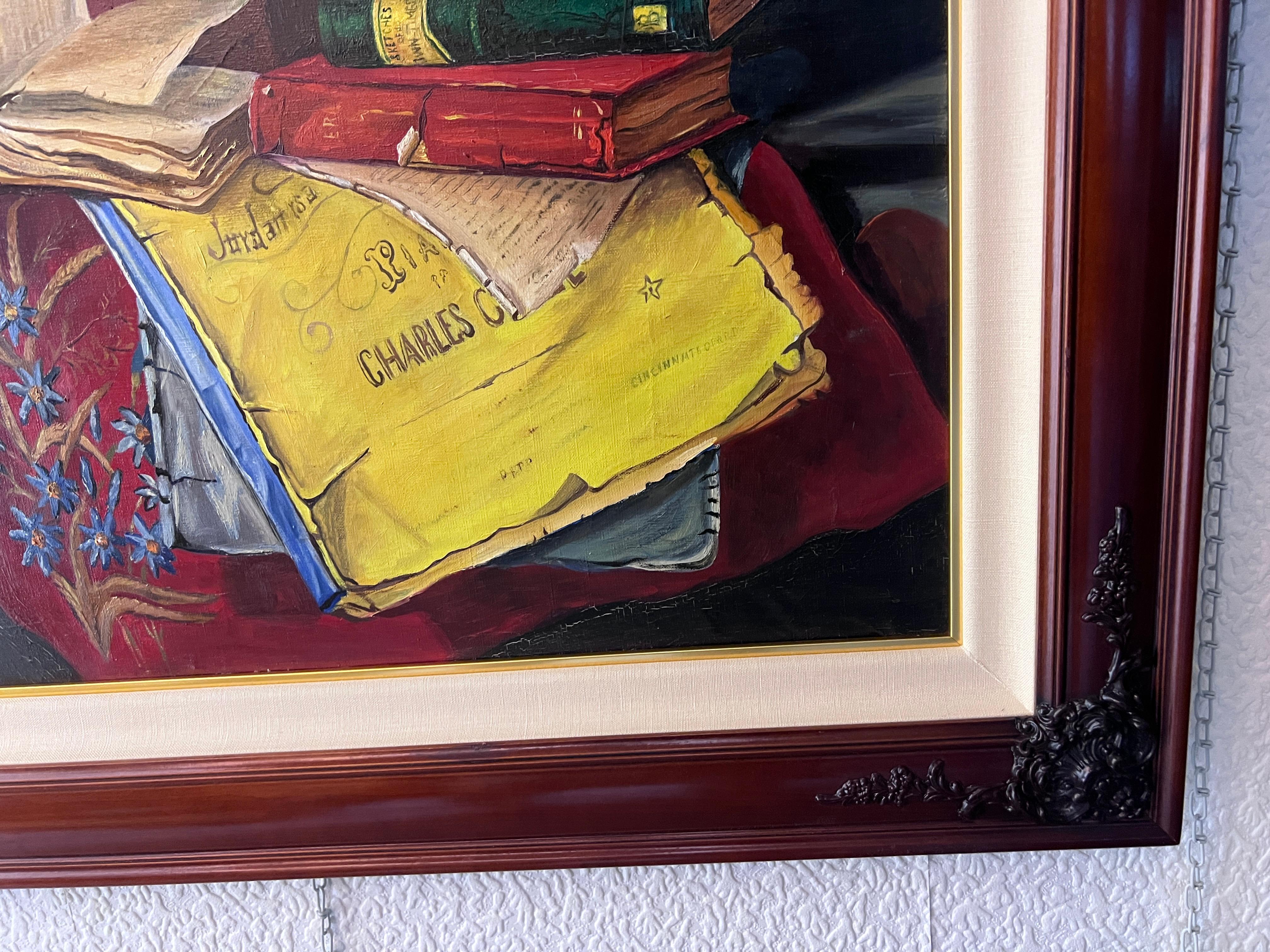 Pintura al Óleo Antigua sobre lienzo Bodegón, libros, vela, Firmado Azuquita Enmarcado en venta 2