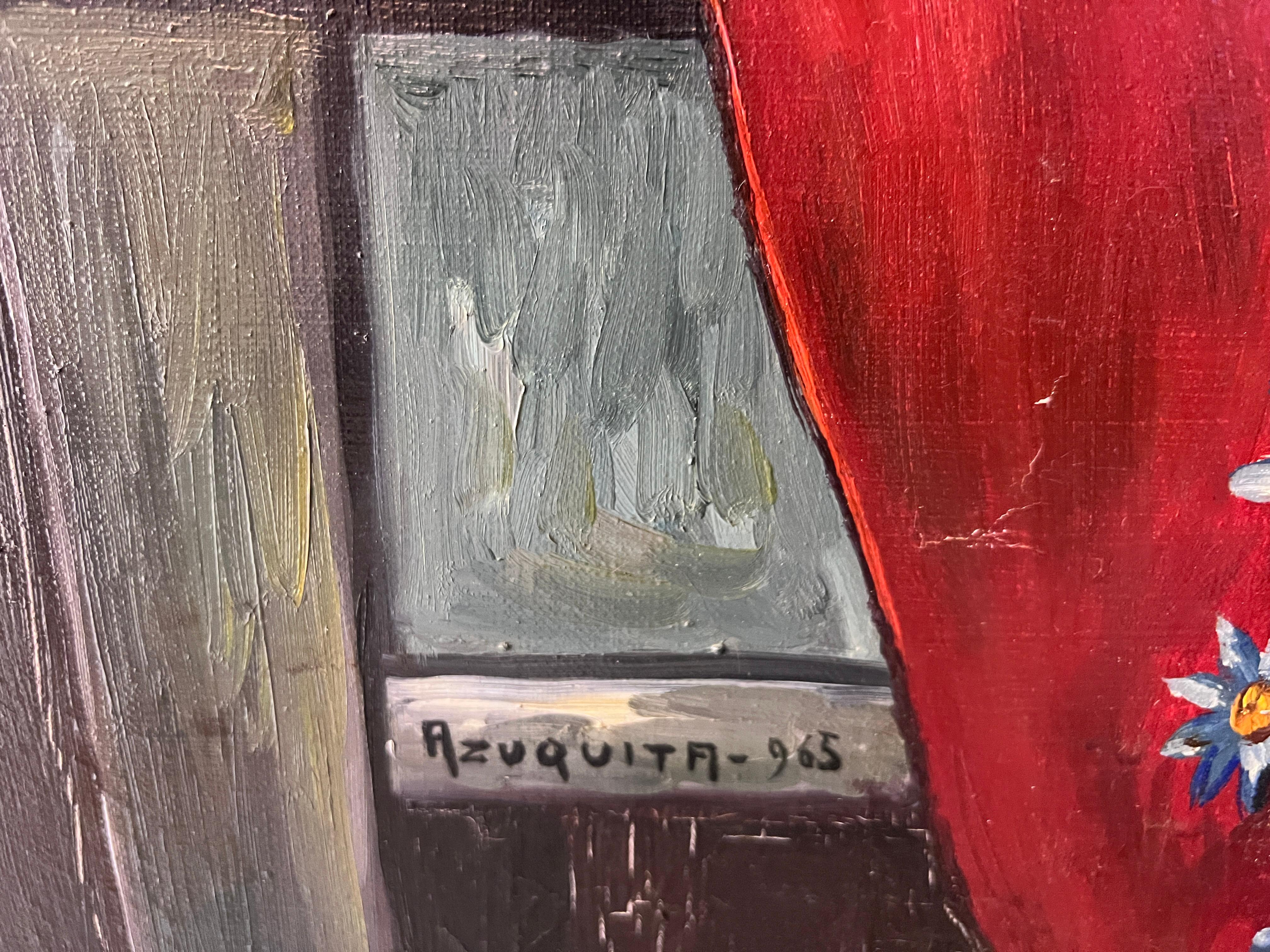 Pintura al Óleo Antigua sobre lienzo Bodegón, libros, vela, Firmado Azuquita Enmarcado en venta 3