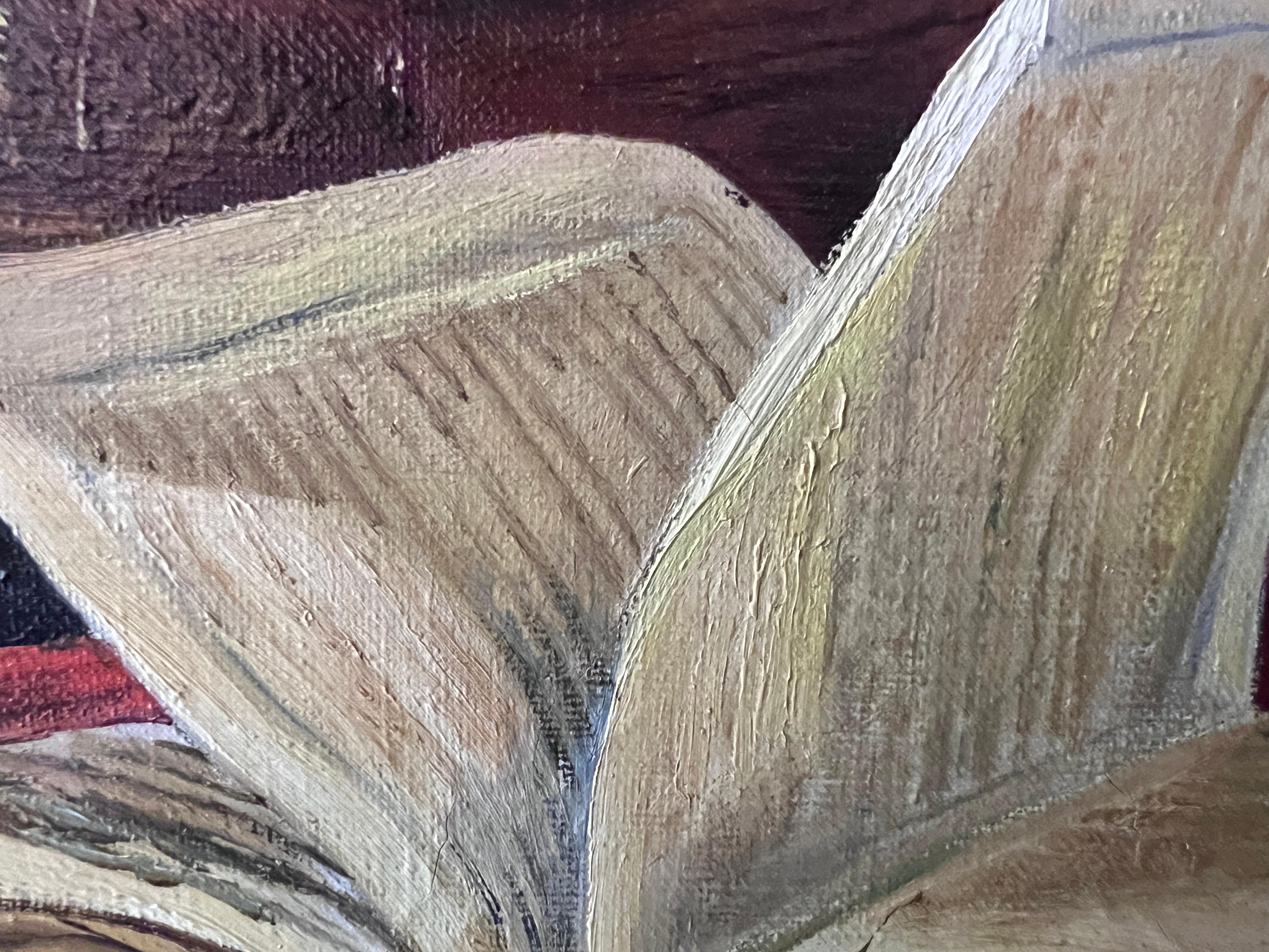 Pintura al Óleo Antigua sobre lienzo Bodegón, libros, vela, Firmado Azuquita Enmarcado en venta 4