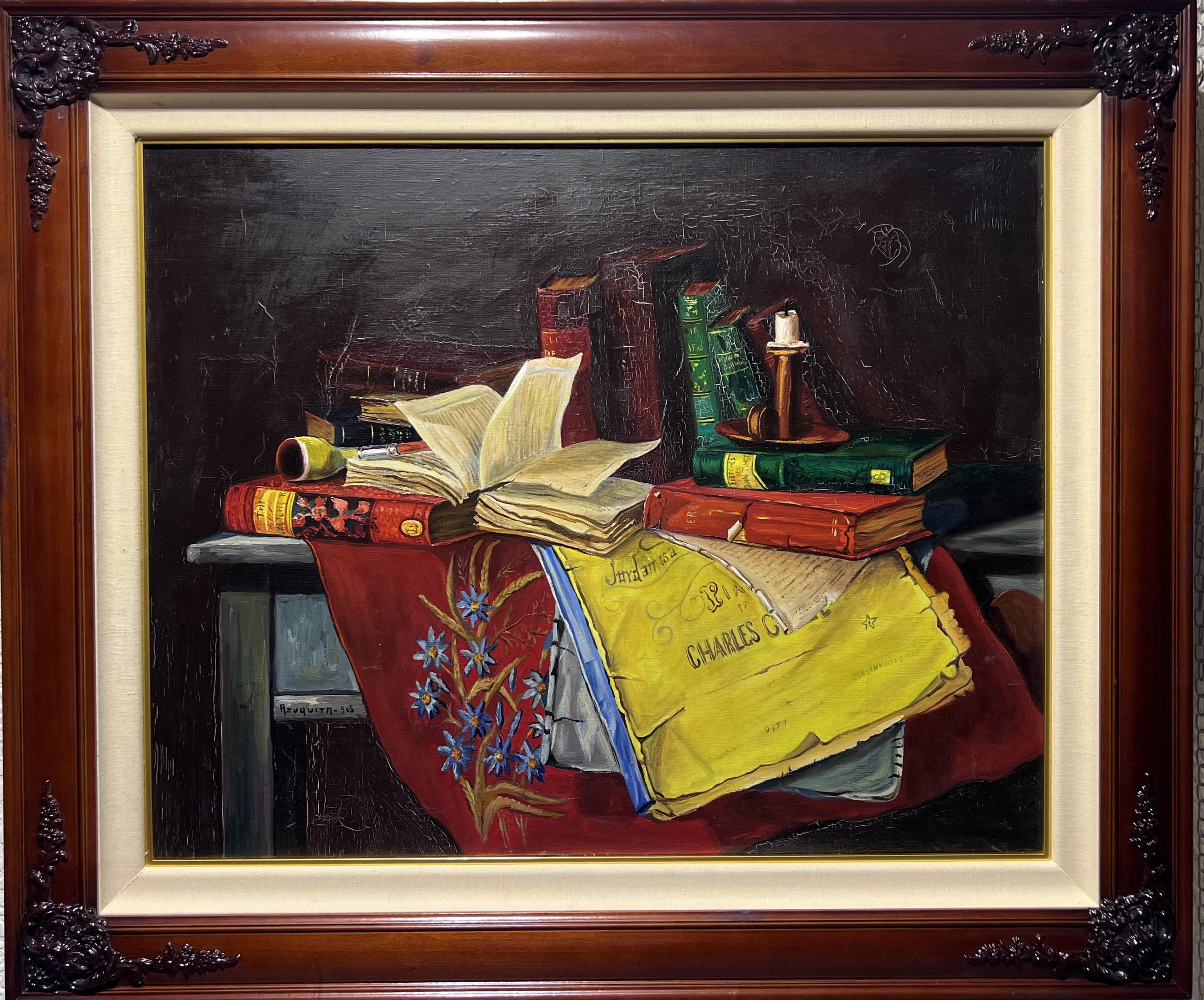 Still-Life Painting de Unknown - Pintura al Óleo Antigua sobre lienzo Bodegón, libros, vela, Firmado Azuquita Enmarcado