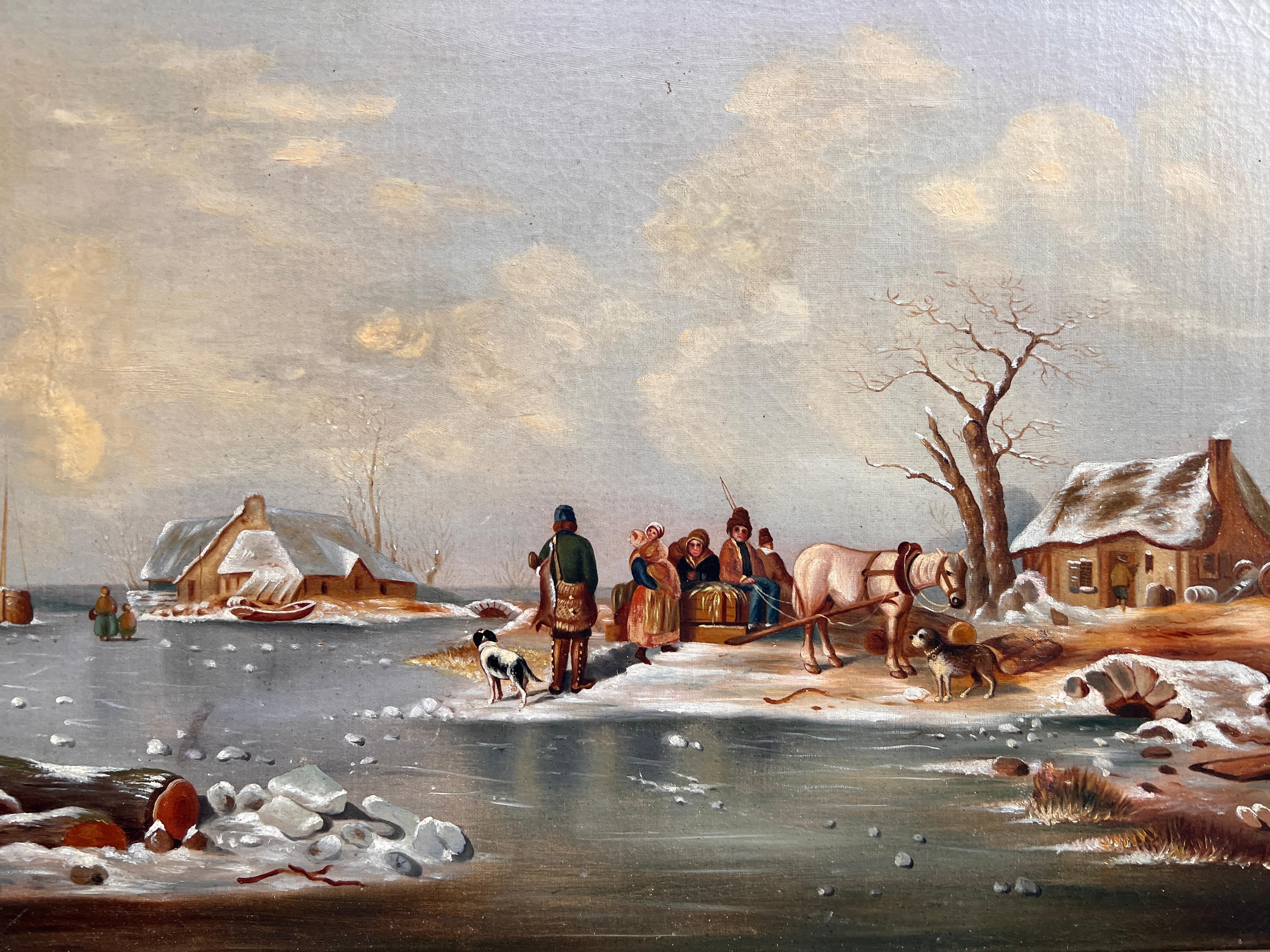 Antique oil painting on canvas, Winter Landscape, Village, figures. Framed - Painting by Unknown