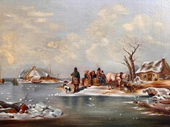 Vintage oil painting on canvas, Winter Landscape, Village, figures. Framed