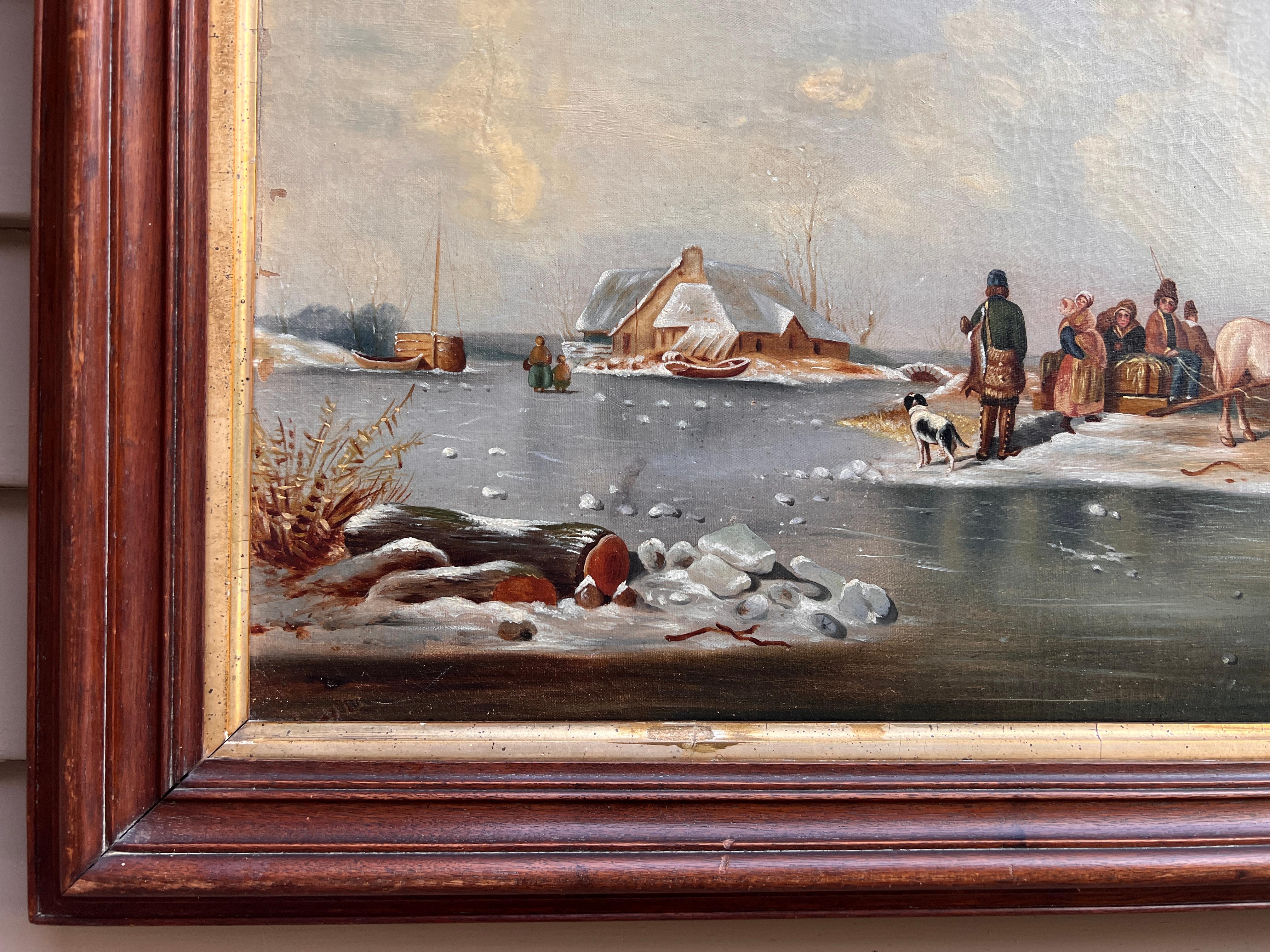 Antique oil painting on canvas, Winter Landscape, Village, figures. Framed - Impressionist Painting by Unknown